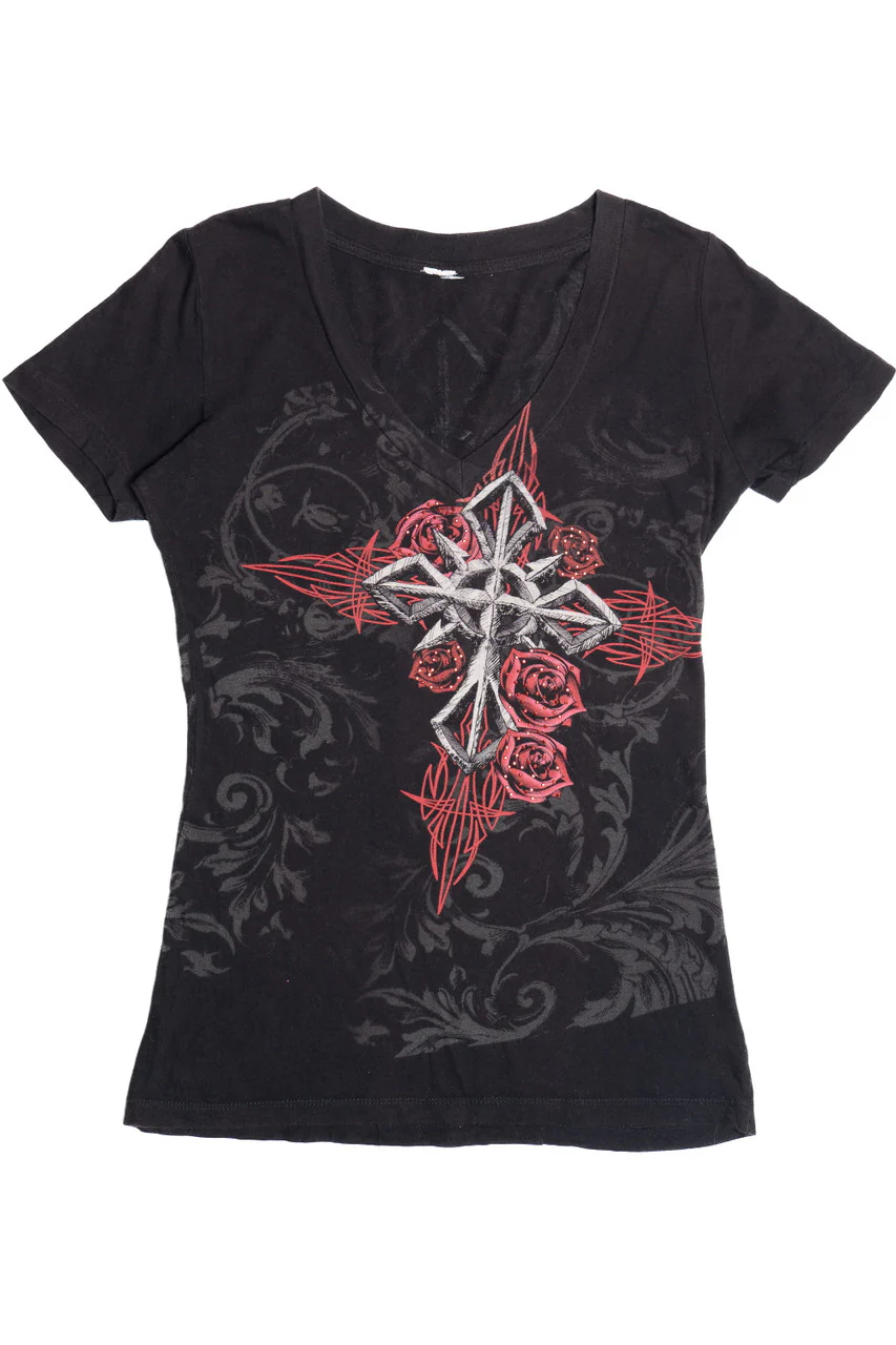 Angel Wings Rhinestone Cross Print Affliction-Style V-Neck T-Shirt - Image 3