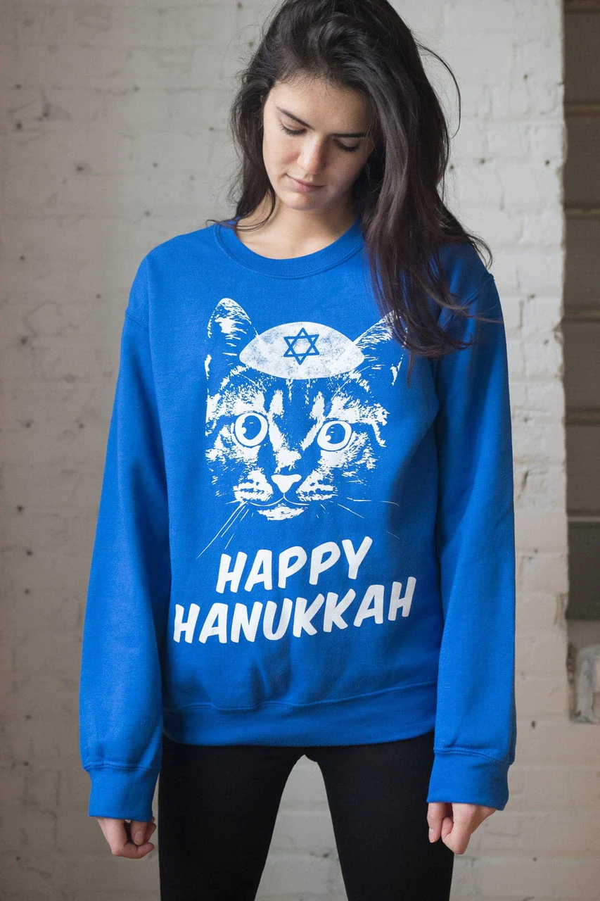 Blue Cat Happy Hanukkah Ugly Christmas Sweatshirt - Image 3