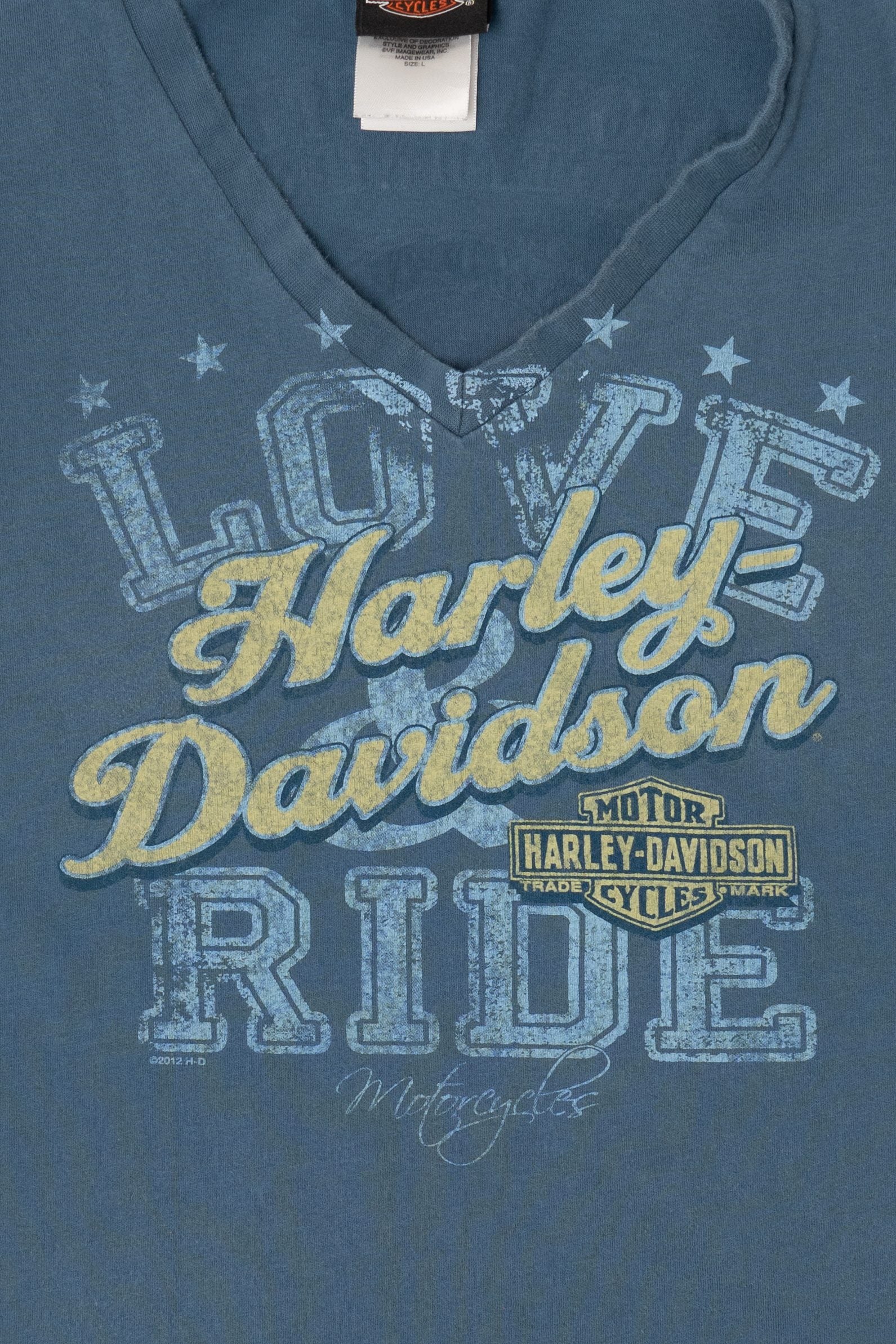 Blue Harley Davidson "Love & Ride" V-Neck T-Shirt (2010s) - Image 3