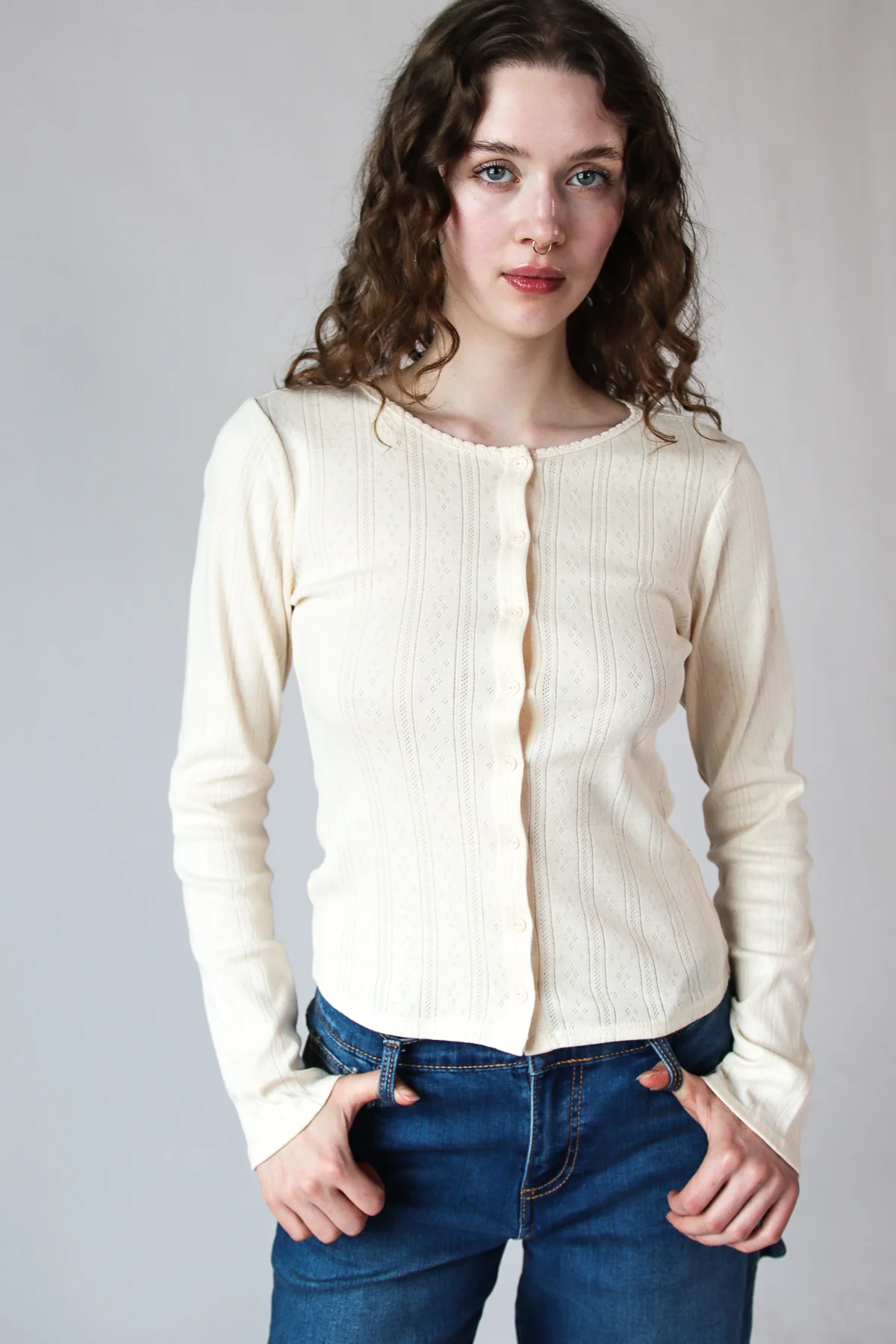 Button Down Pointelle Long Sleeve Shirt - Image 2