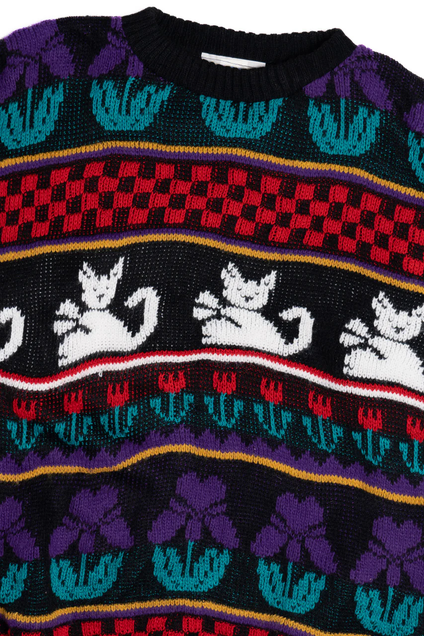 Cat & Tulip Checkerboard Knit 80s Sweater - Image 2