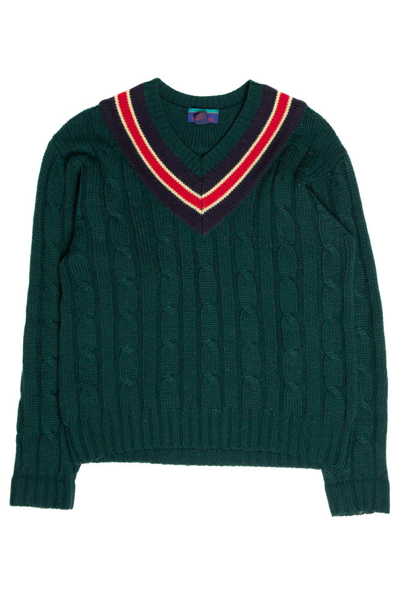 Dark Green Cable Knit Varsity Sweater - Image 2