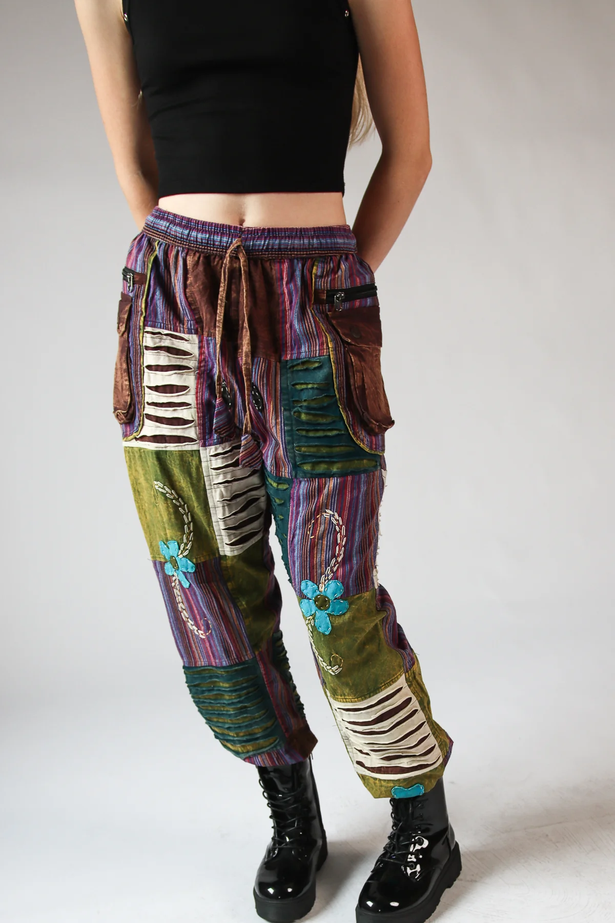 Distressed Embroidered Flower Patchwork Pants - Image 2