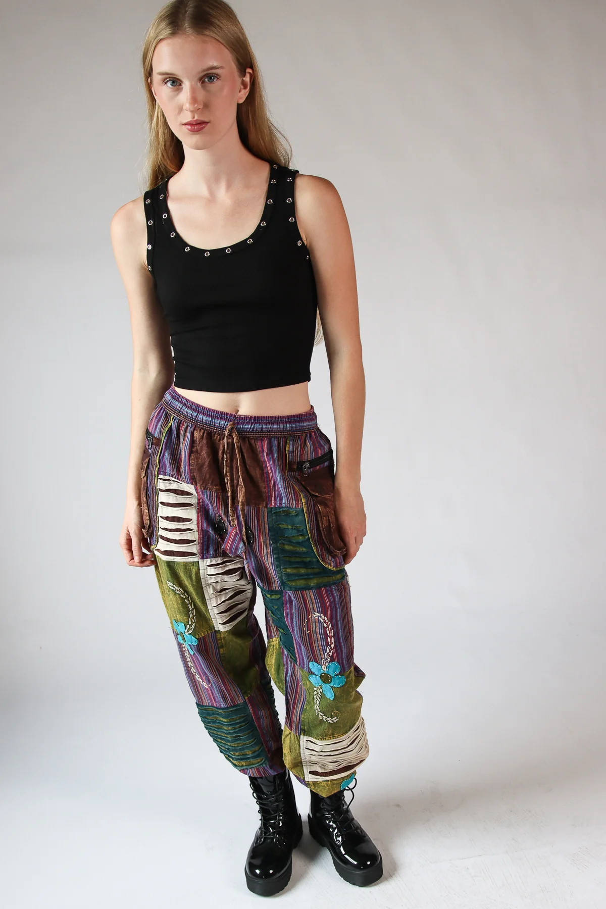 Distressed Embroidered Flower Patchwork Pants - Image 3