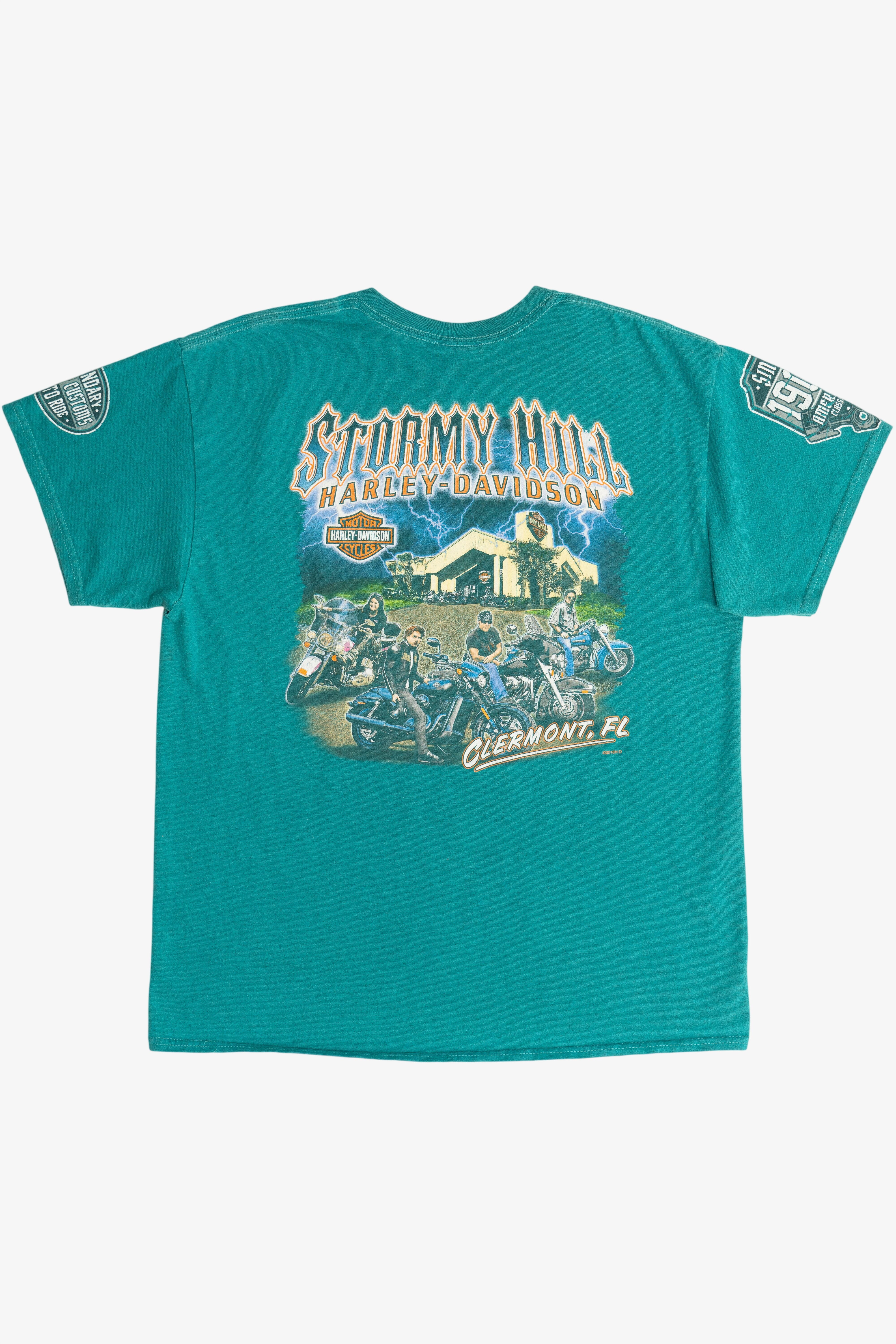 Distressed Harley Davidson Motorcycles "Stormy Hill" "Clermont, FL" T-Shirt (2010s) - Image 2