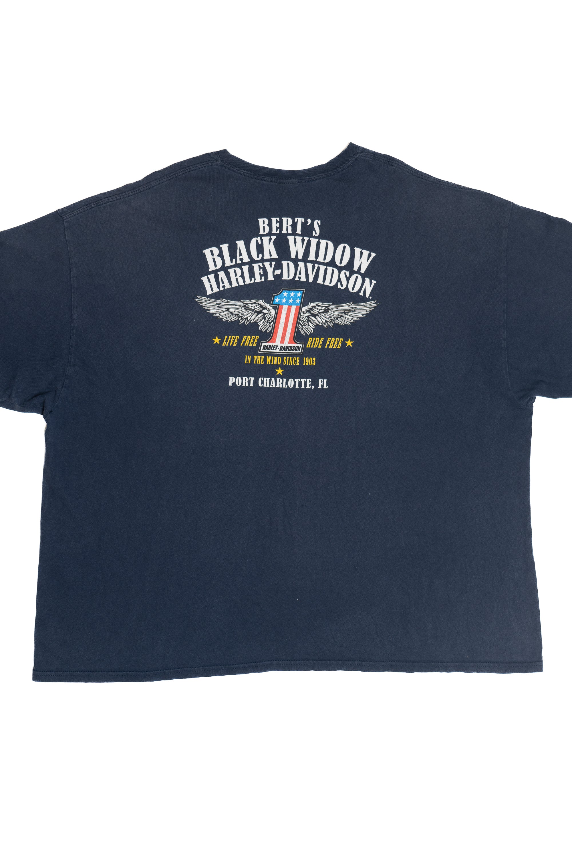Distressed Navy Black Widow Harley Davidson Pocket T-Shirt - Image 2