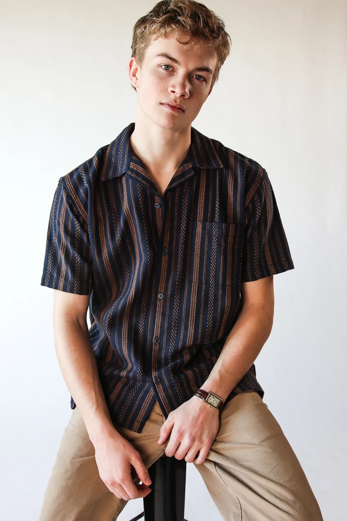 Embroidered Weave Striped Button Up Shirt