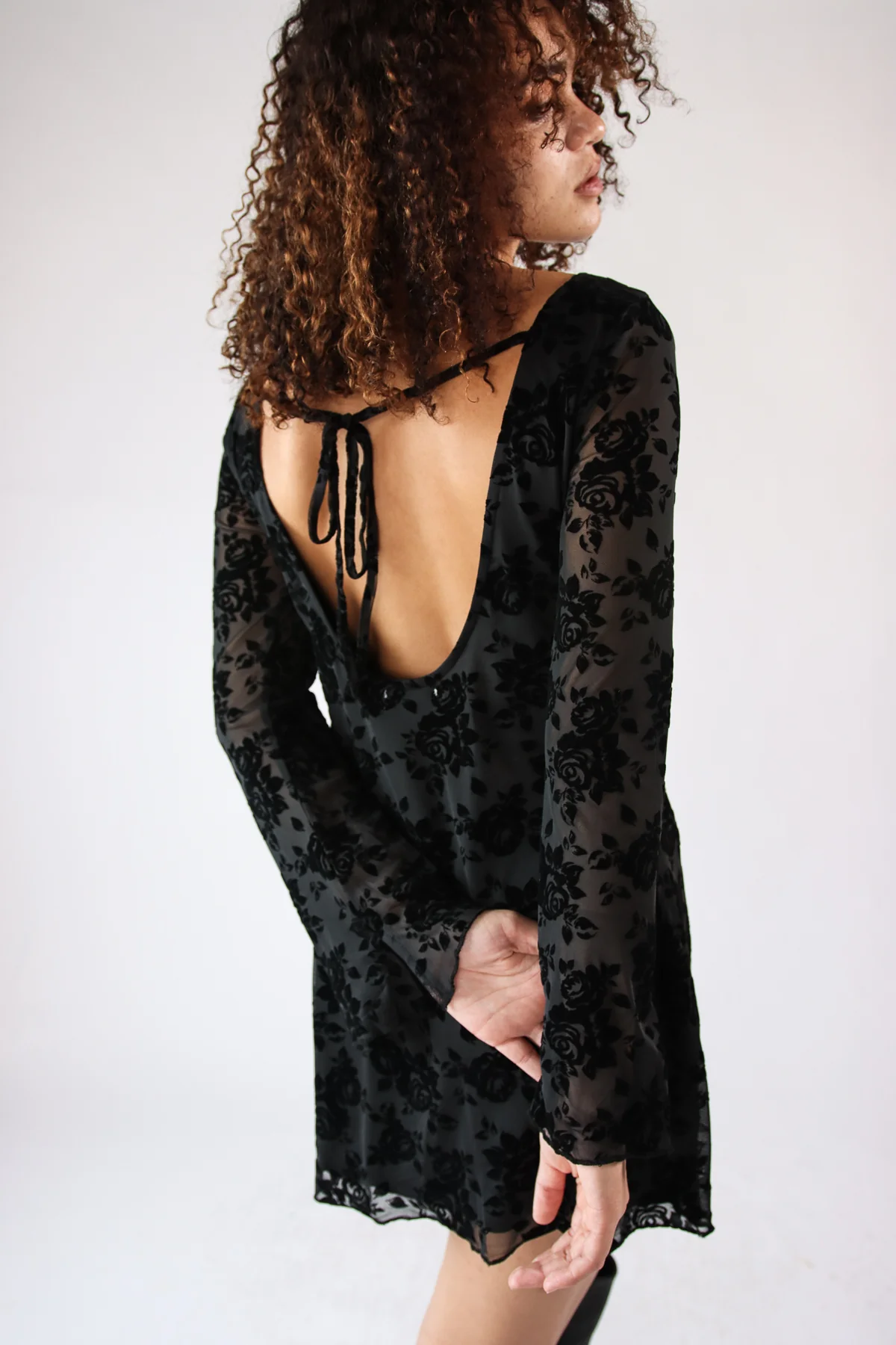 Floral Flocked Mesh Long Sleeve Mini Dress - Image 2