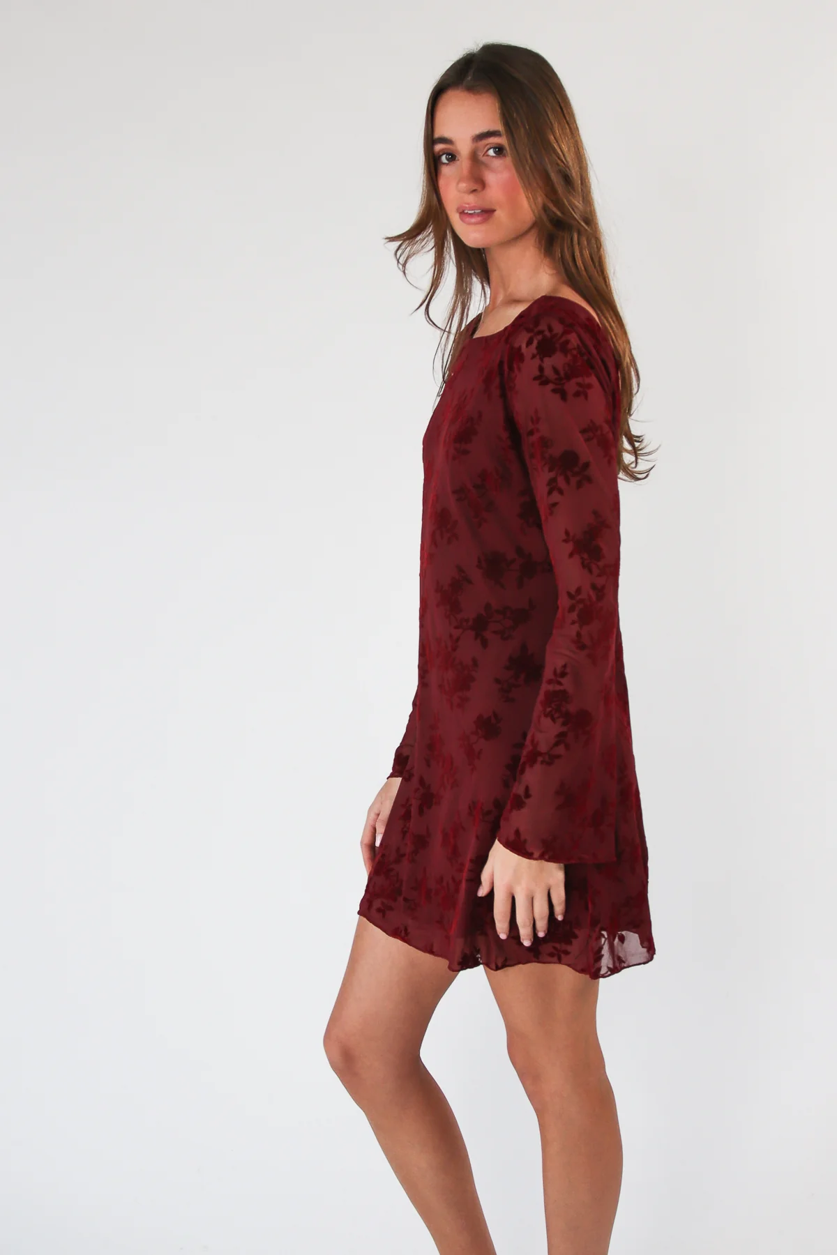 Floral Flocked Mesh Long Sleeve Mini Dress - Image 7