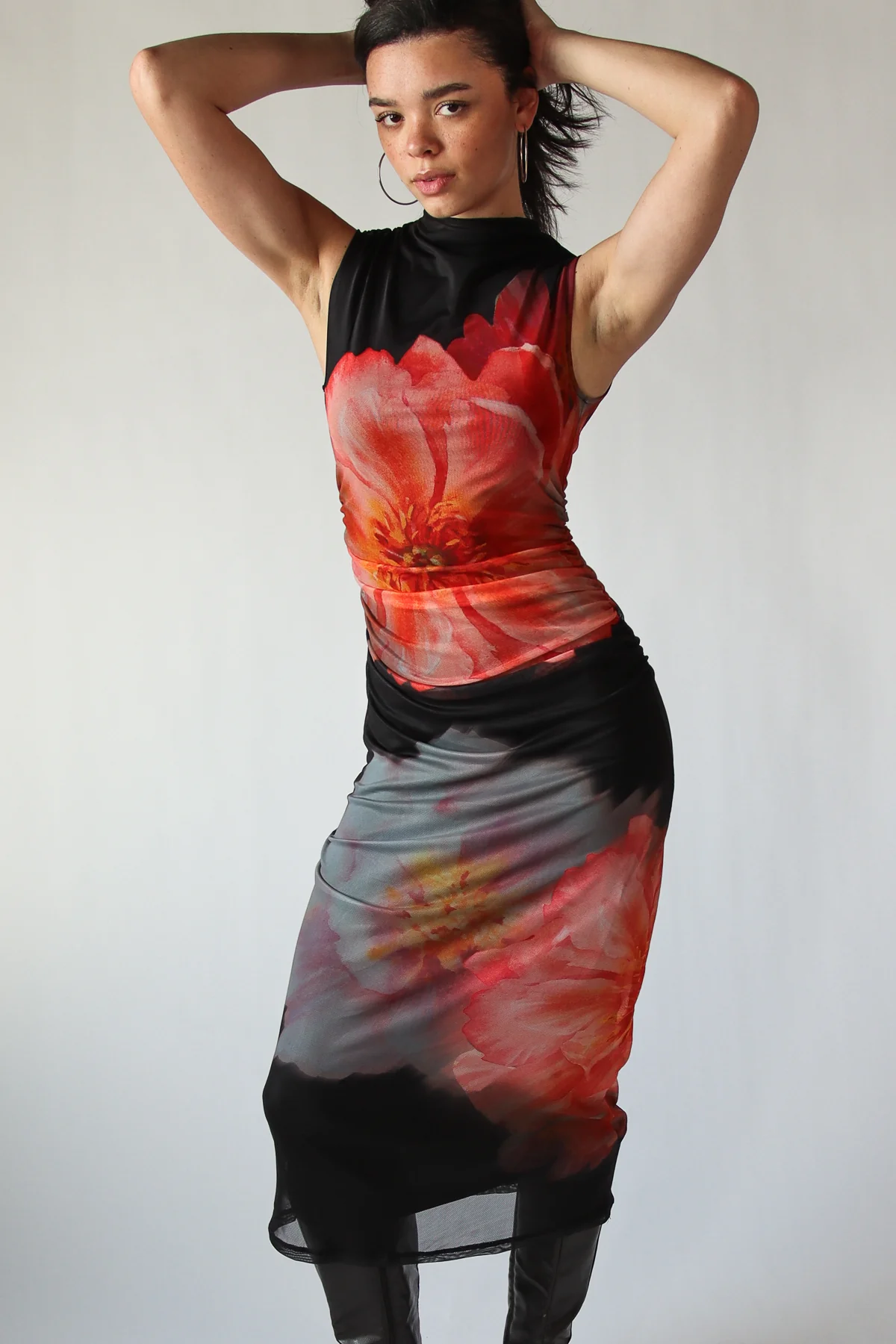 Flower Mock Neck Mesh Maxi Dress