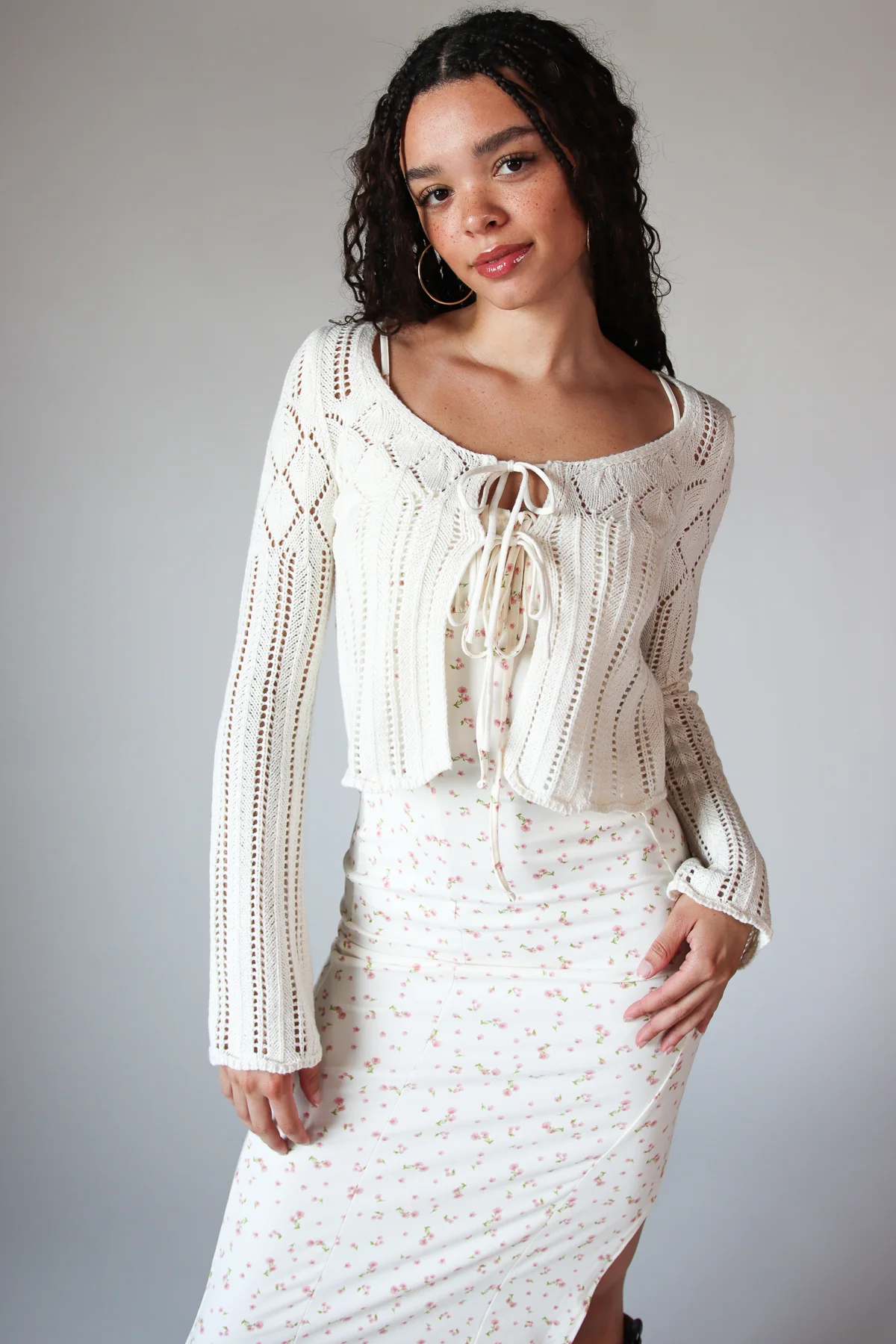Knit Pointelle Double Tie Front Cardigan