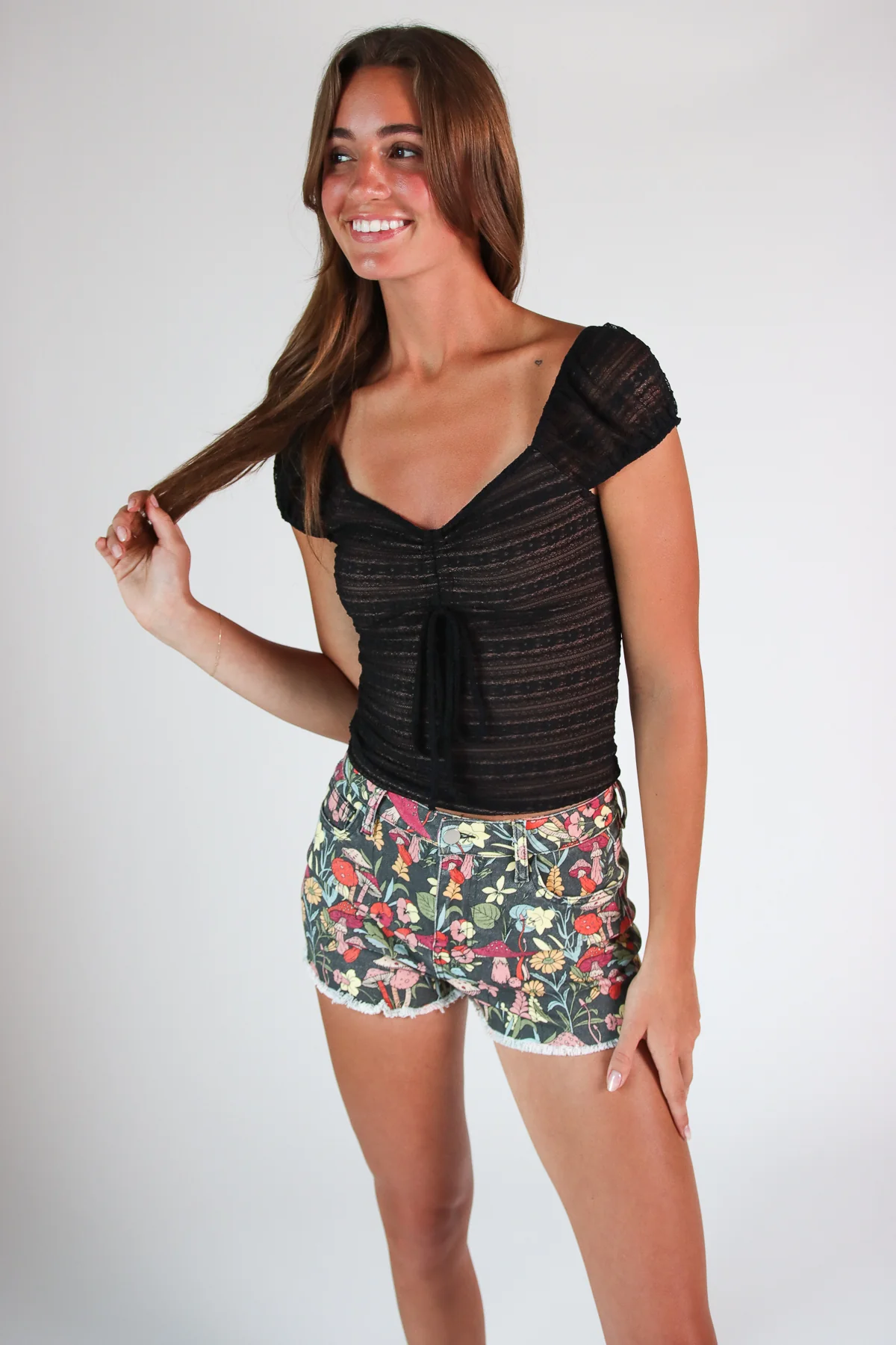 Layered Lace Drawstring Tie Front Top - Image 2