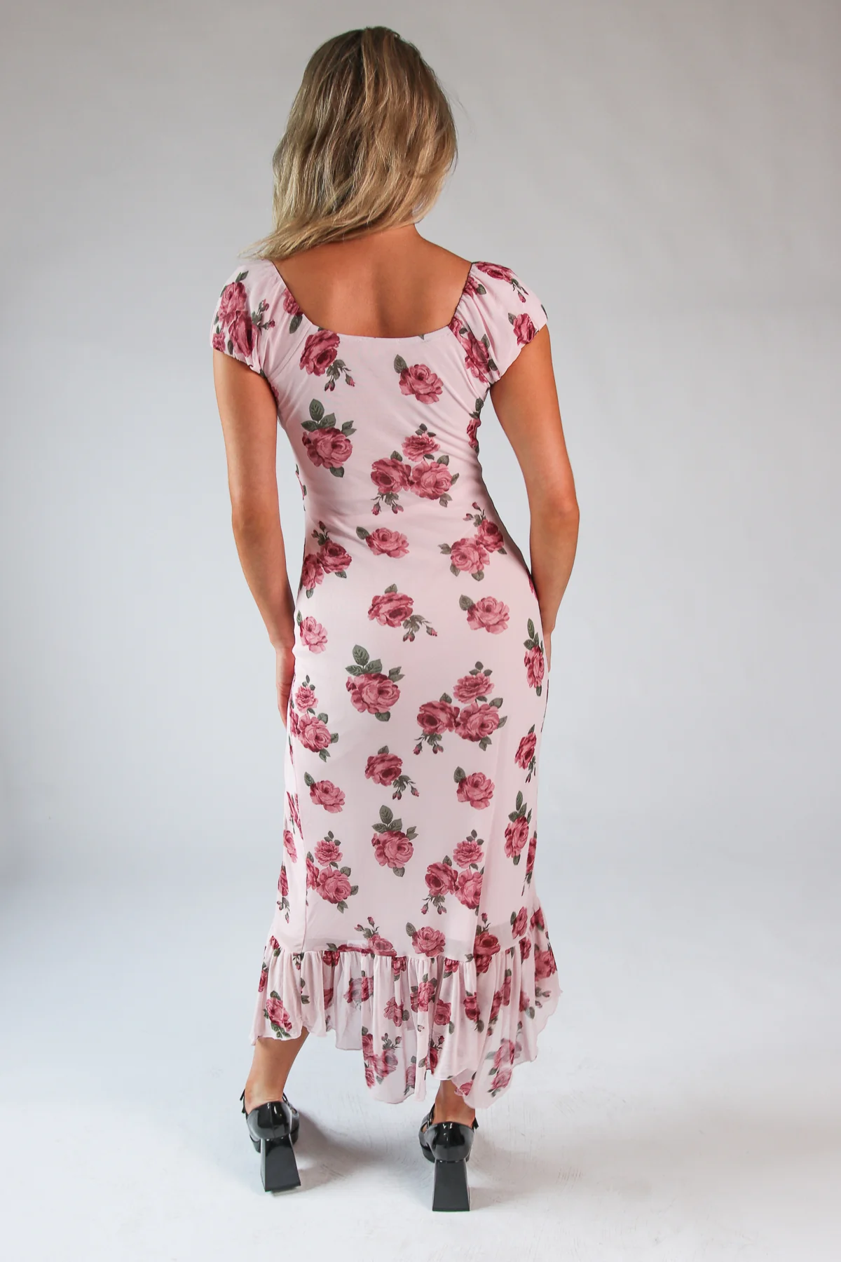 Mesh Puff Sleeve Hanky Hem Maxi Dress - Image 6