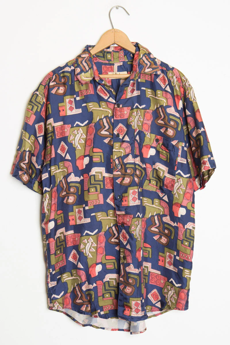 Navy Patterned Silk Shirt - Image 2