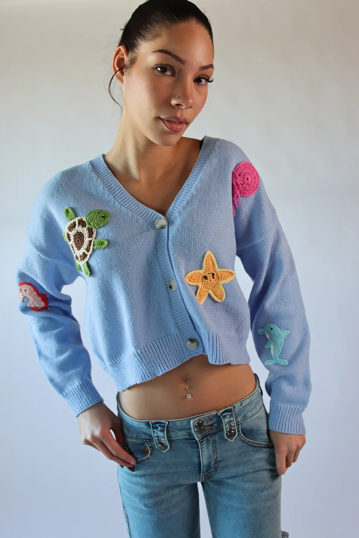 Ocean Life Crochet Applique Cardigan