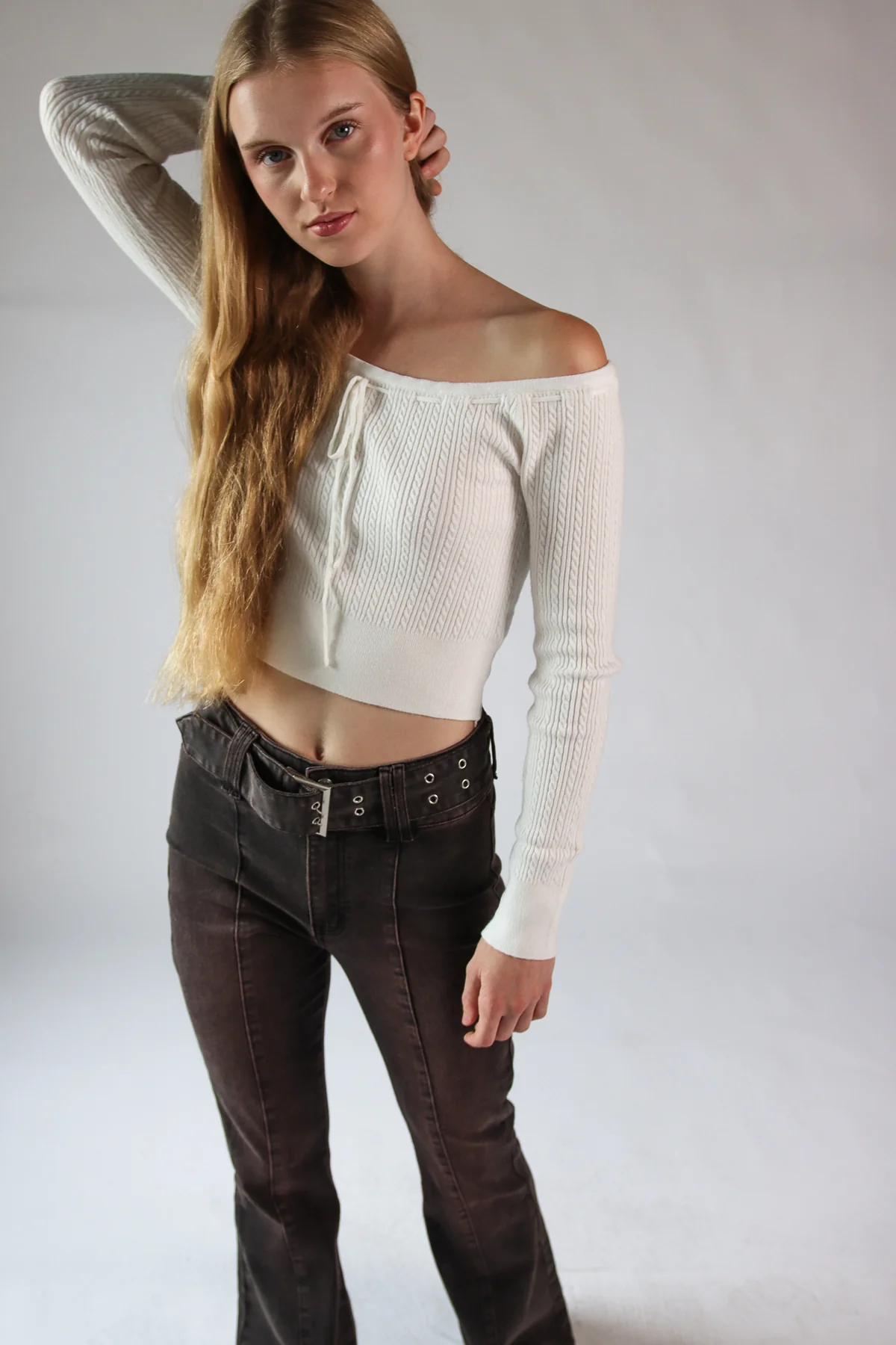 Over The Shoulder Cable Knit Sweater - Image 4