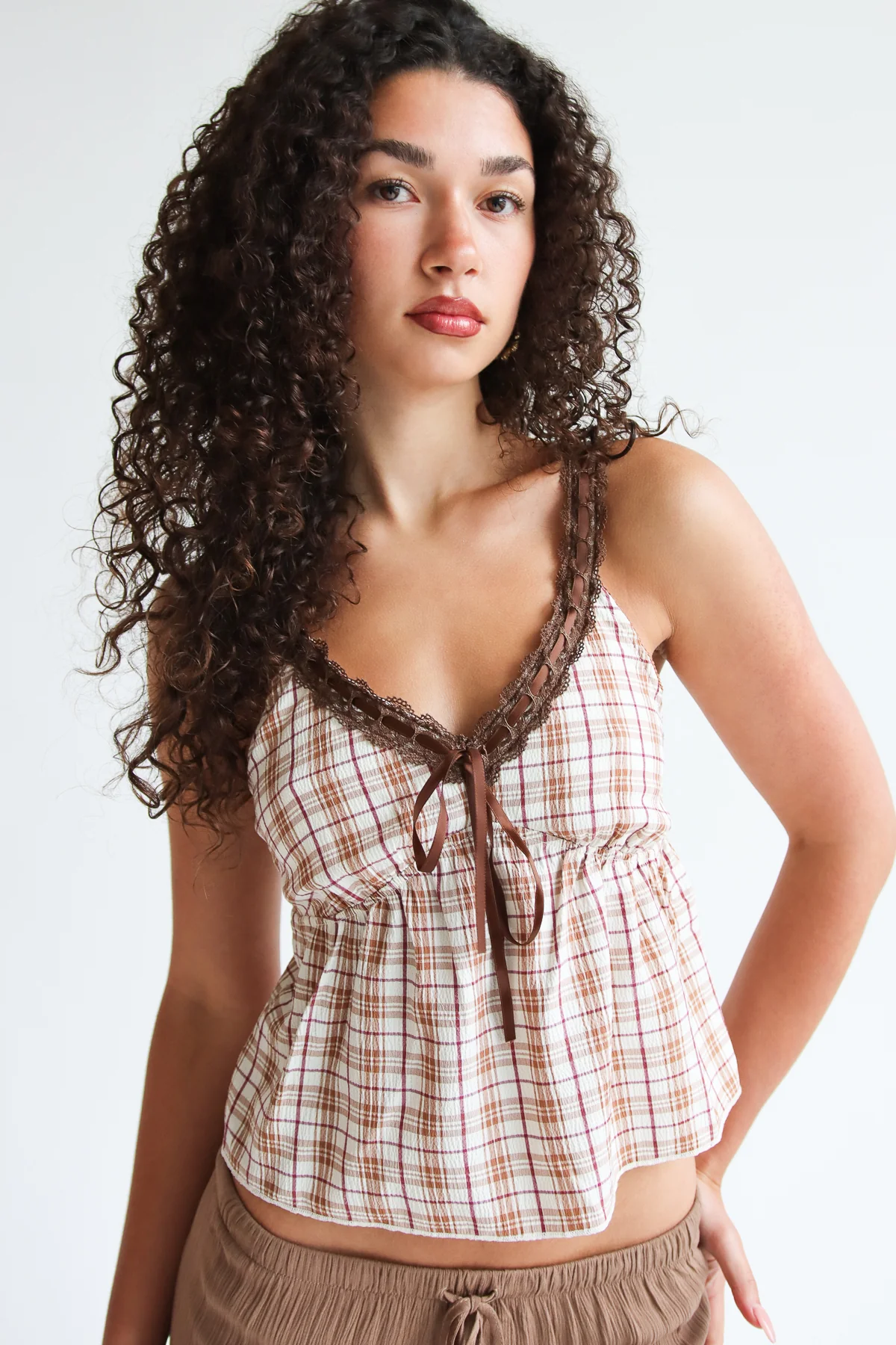 Plaid Lace Trim Cami Top