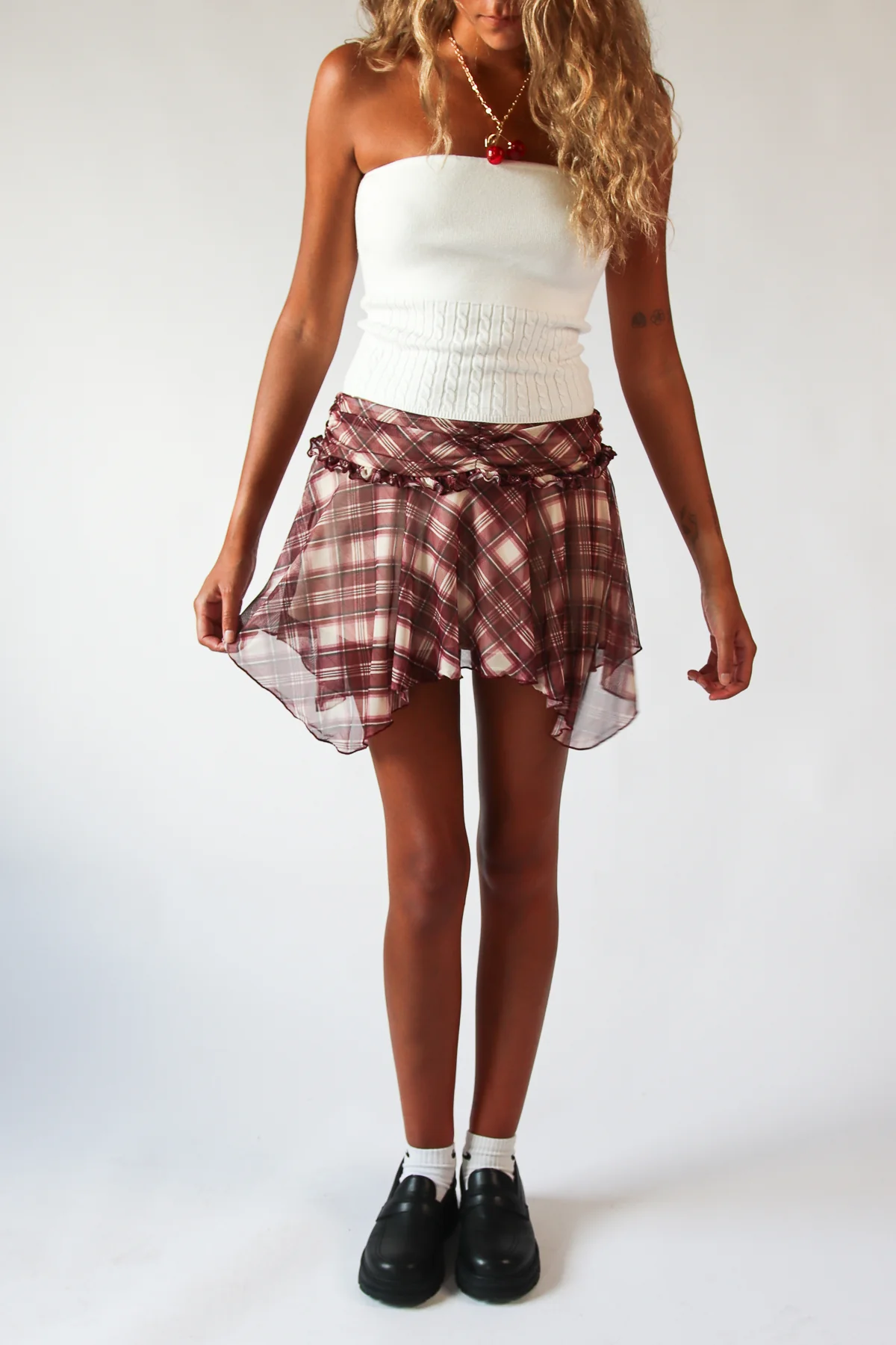 Plaid Mesh Hanky Hem Mini Skirt - Image 3