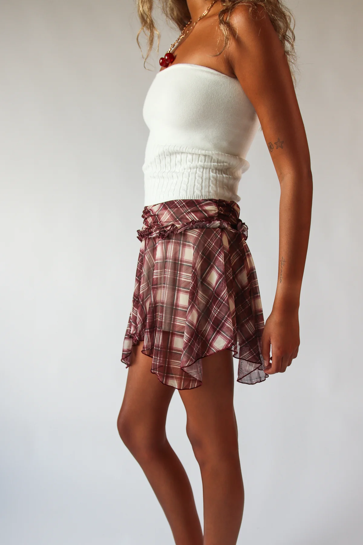 Plaid Mesh Hanky Hem Mini Skirt - Image 7