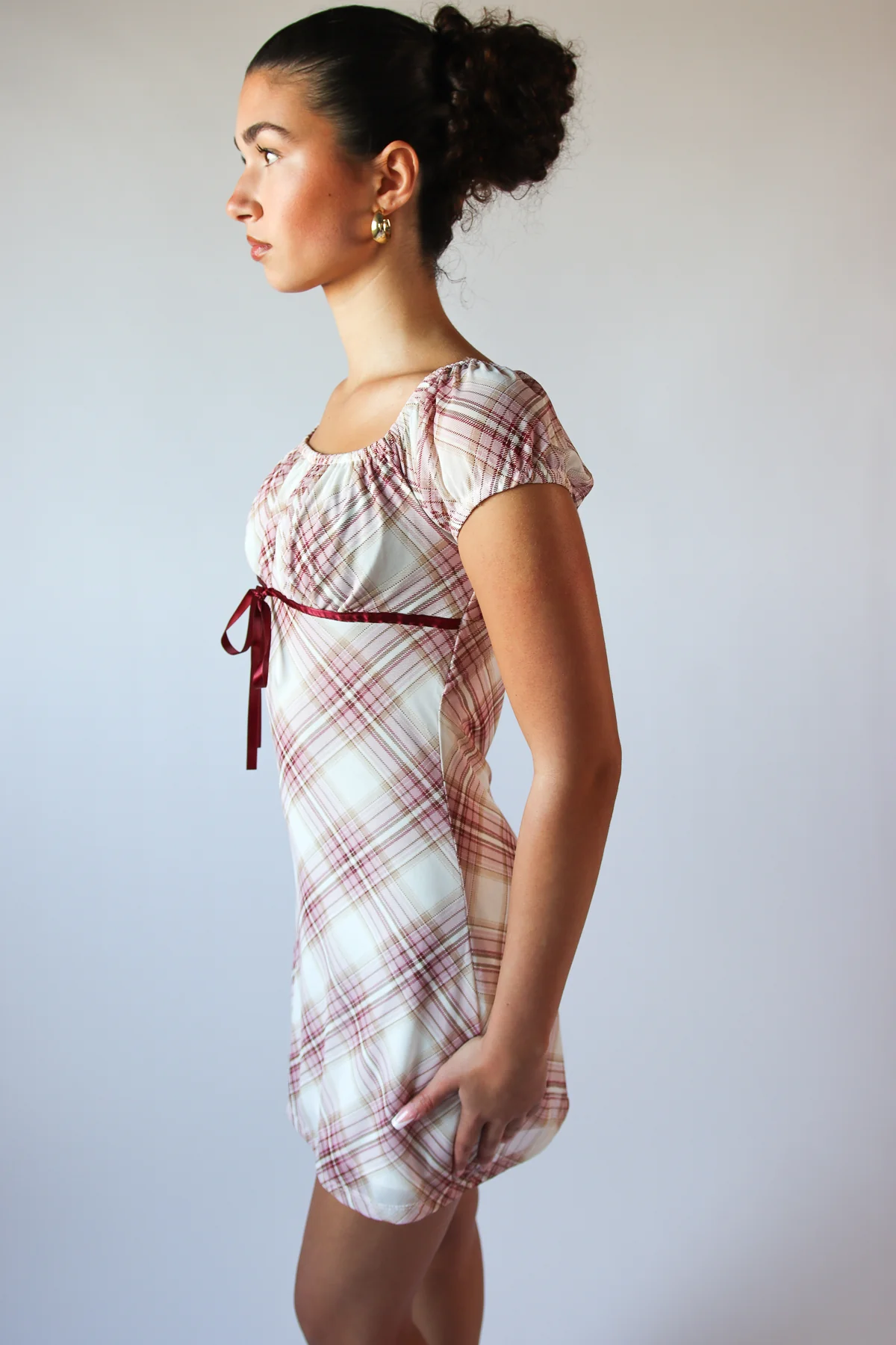Plaid Mesh Ribbon Empire Waist Mini Dress - Image 3