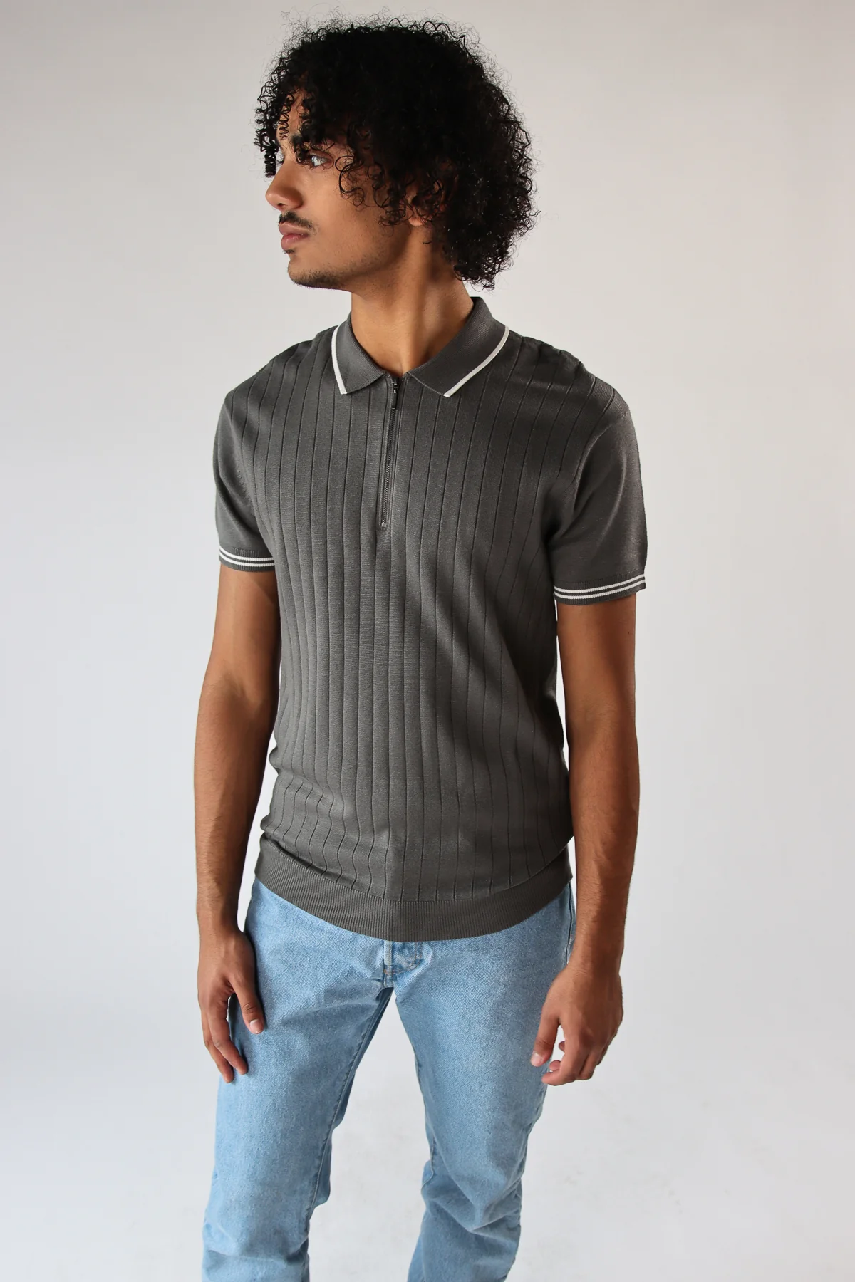 Ribbed Knit Zipper Polo - Image 3