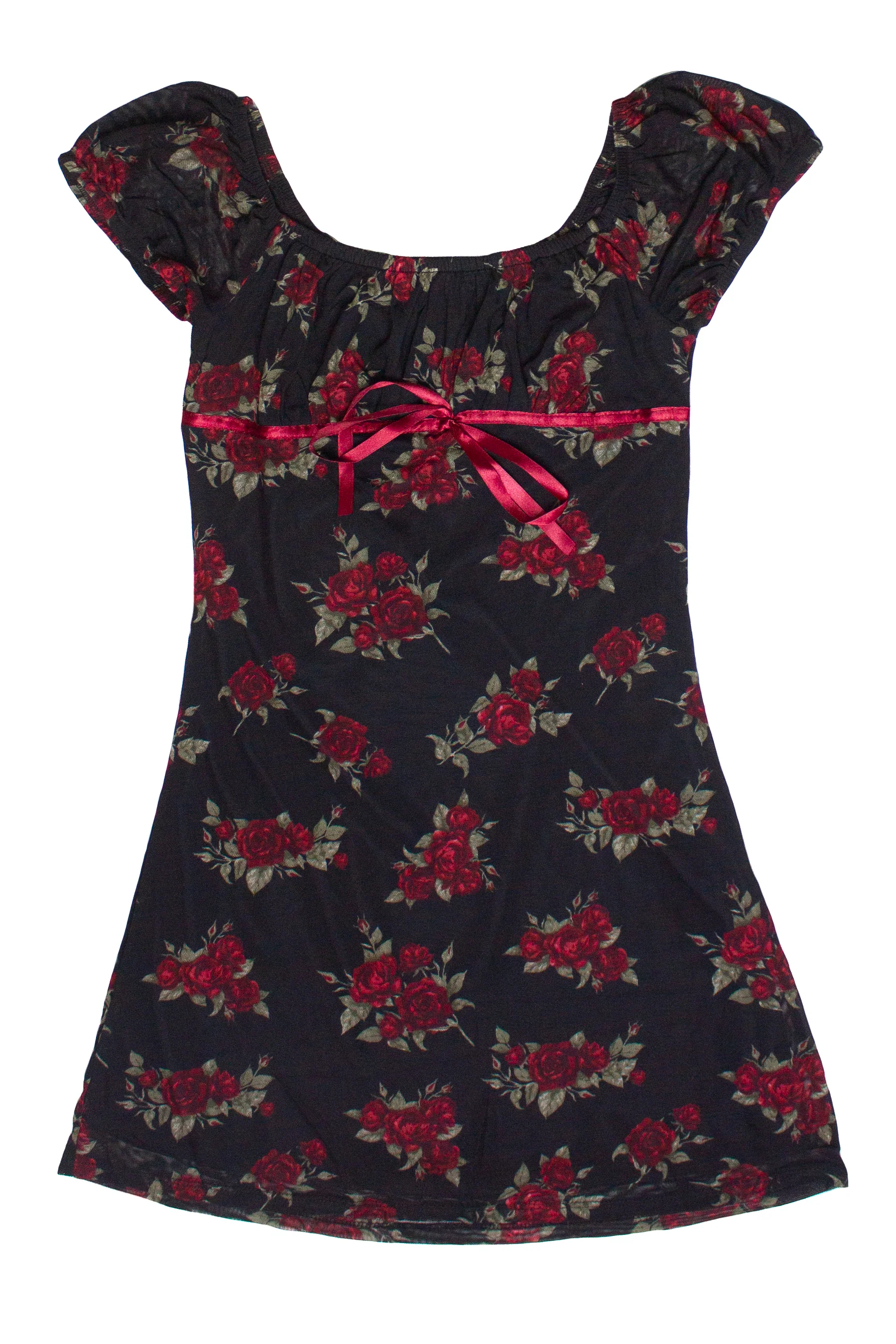 Rose Print Mesh Empire Waist Mini Dress - Image 5