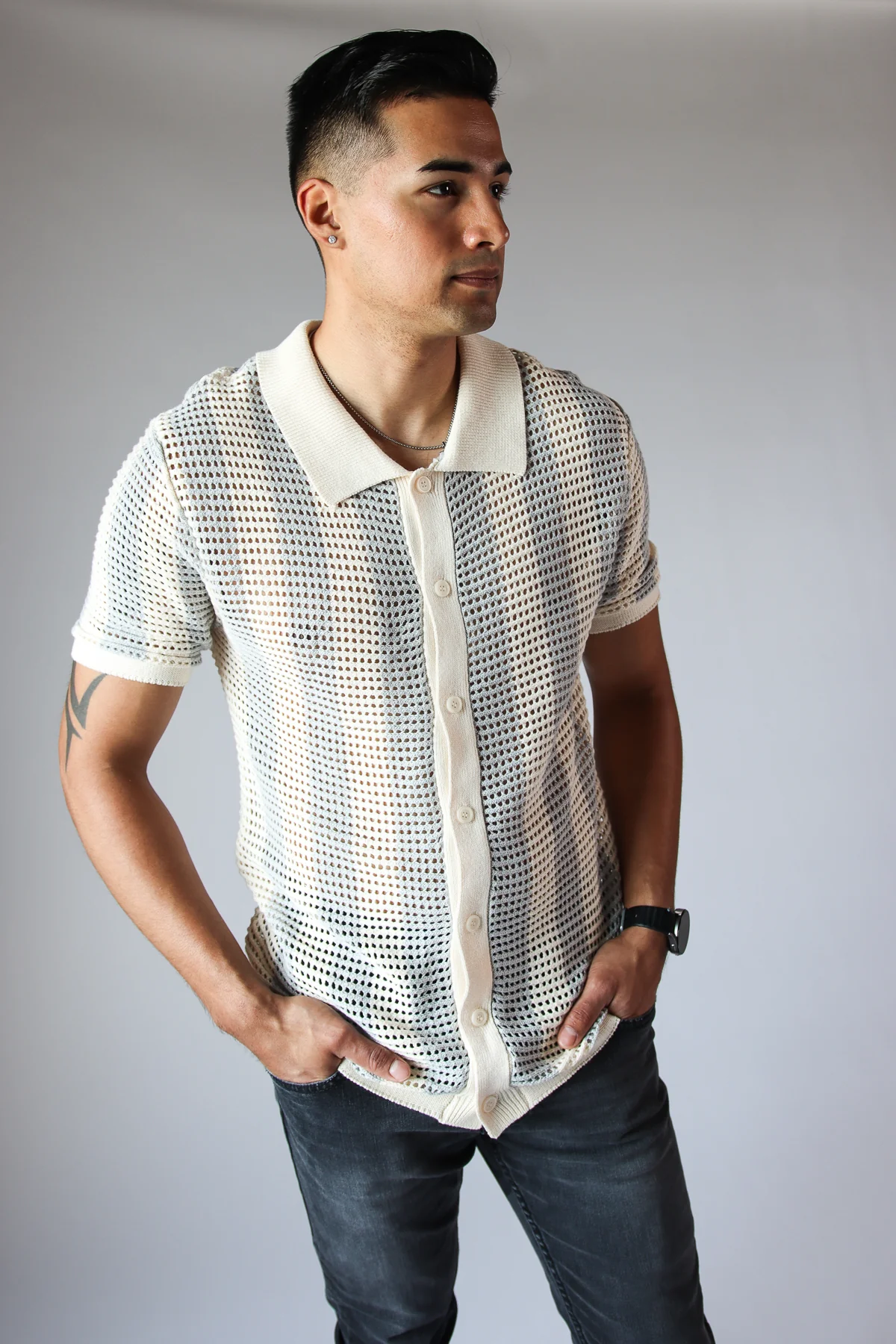 Striped Knit Mesh Button Up Shirt - Image 7