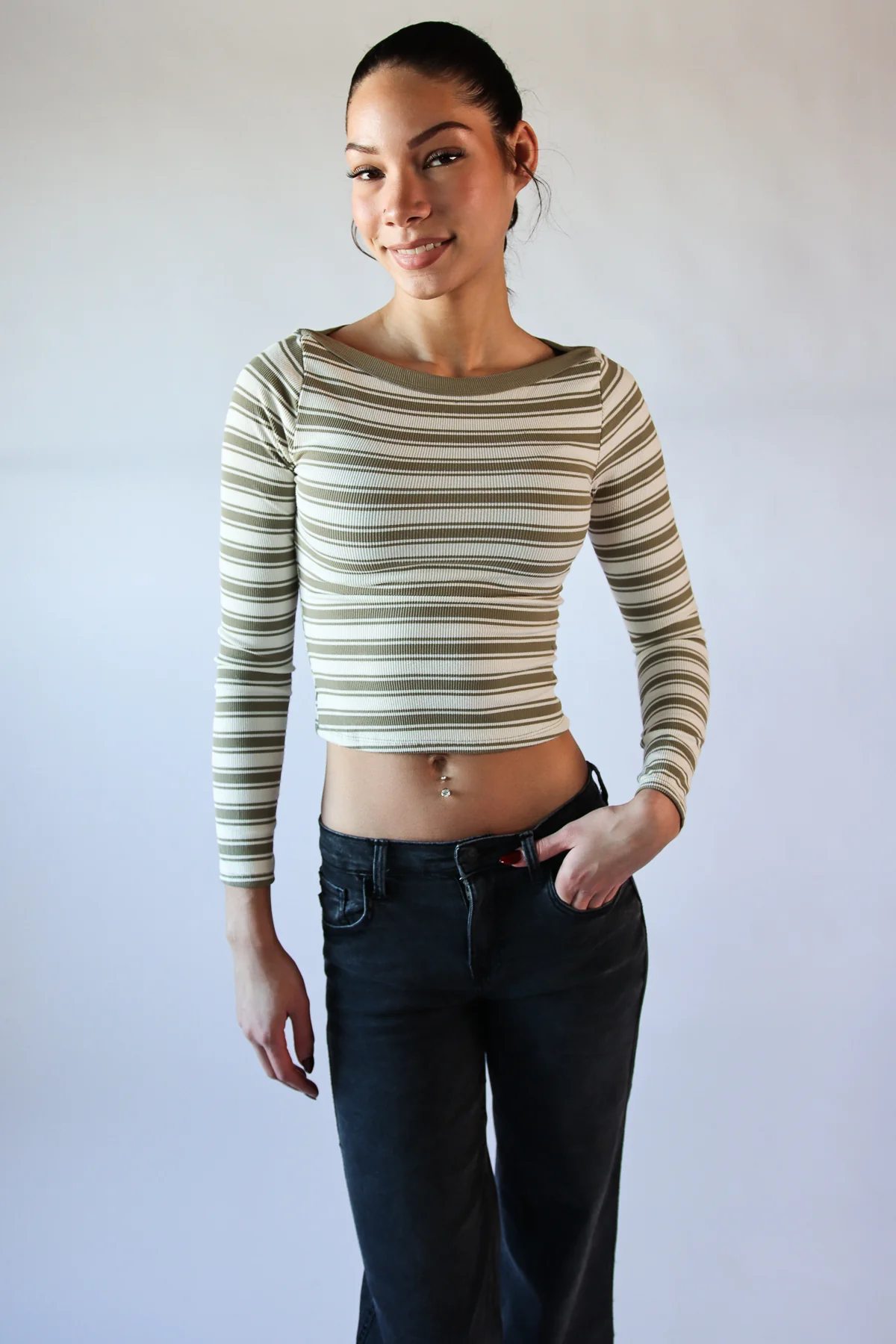 Striped Boat Neck Long Sleeve Top - Image 2