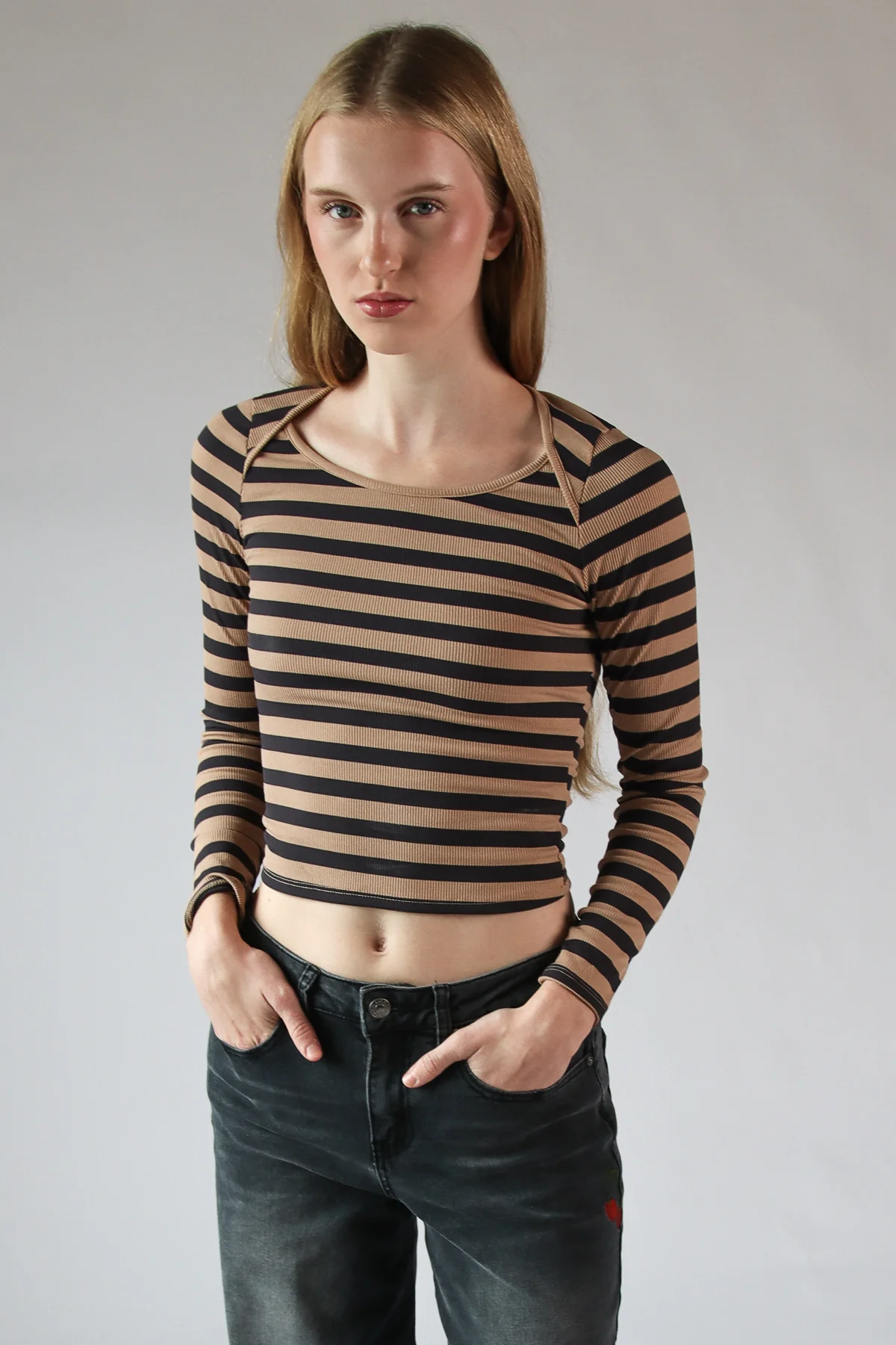 Striped Envelope Neck Long Sleeve Top - Image 2