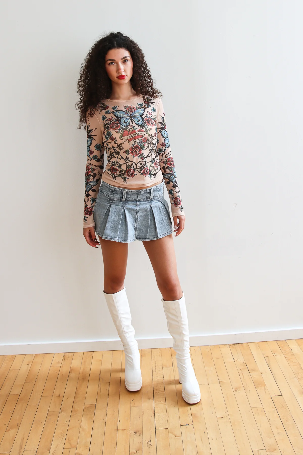 Tattoo Print Mesh Long Sleeve Top - Image 4