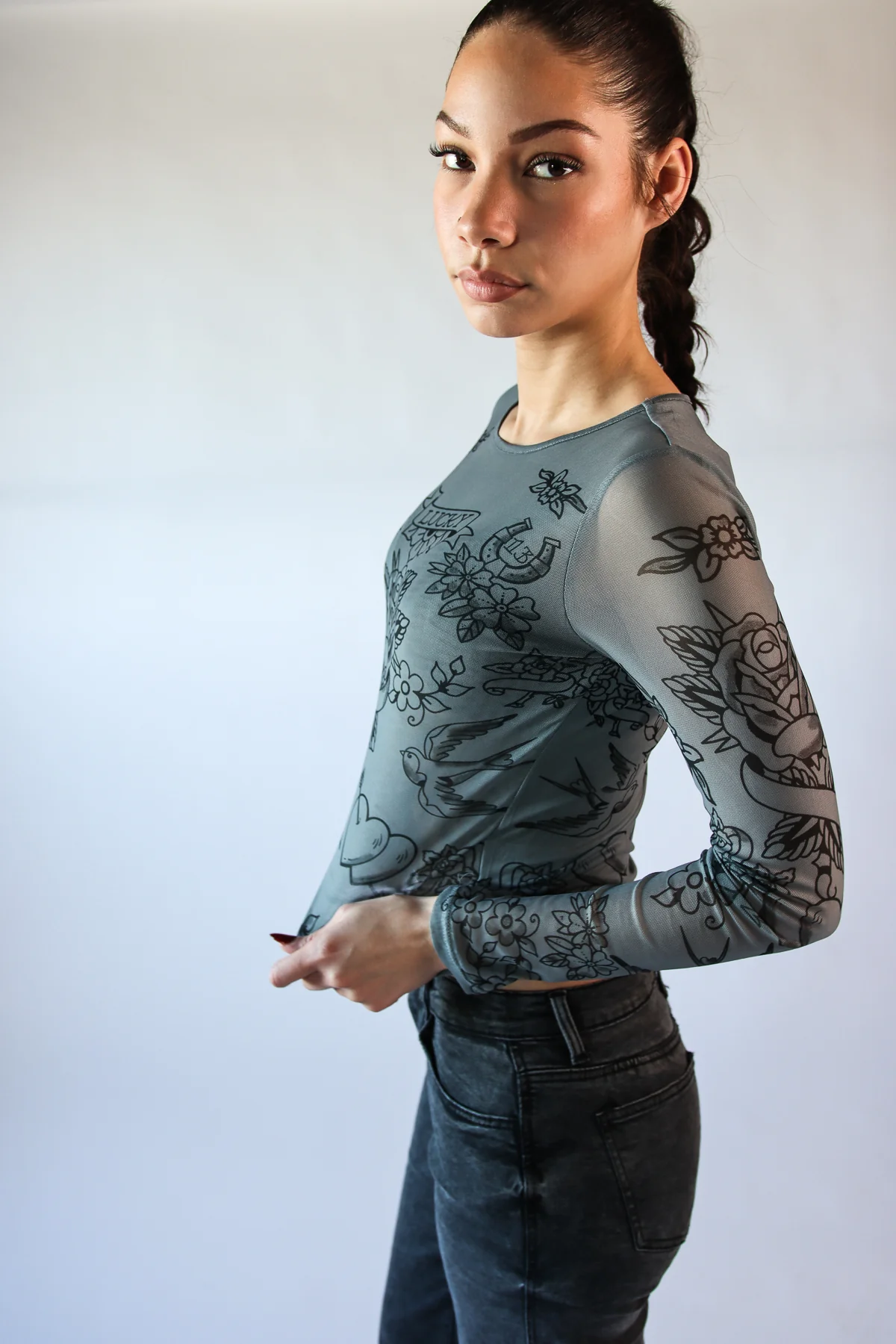 Tattoo Print Mesh Long Sleeve Top - Image 6