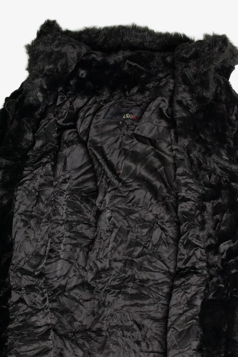 Textured Black Hooded Utex Faux Fur Coat - Image 2