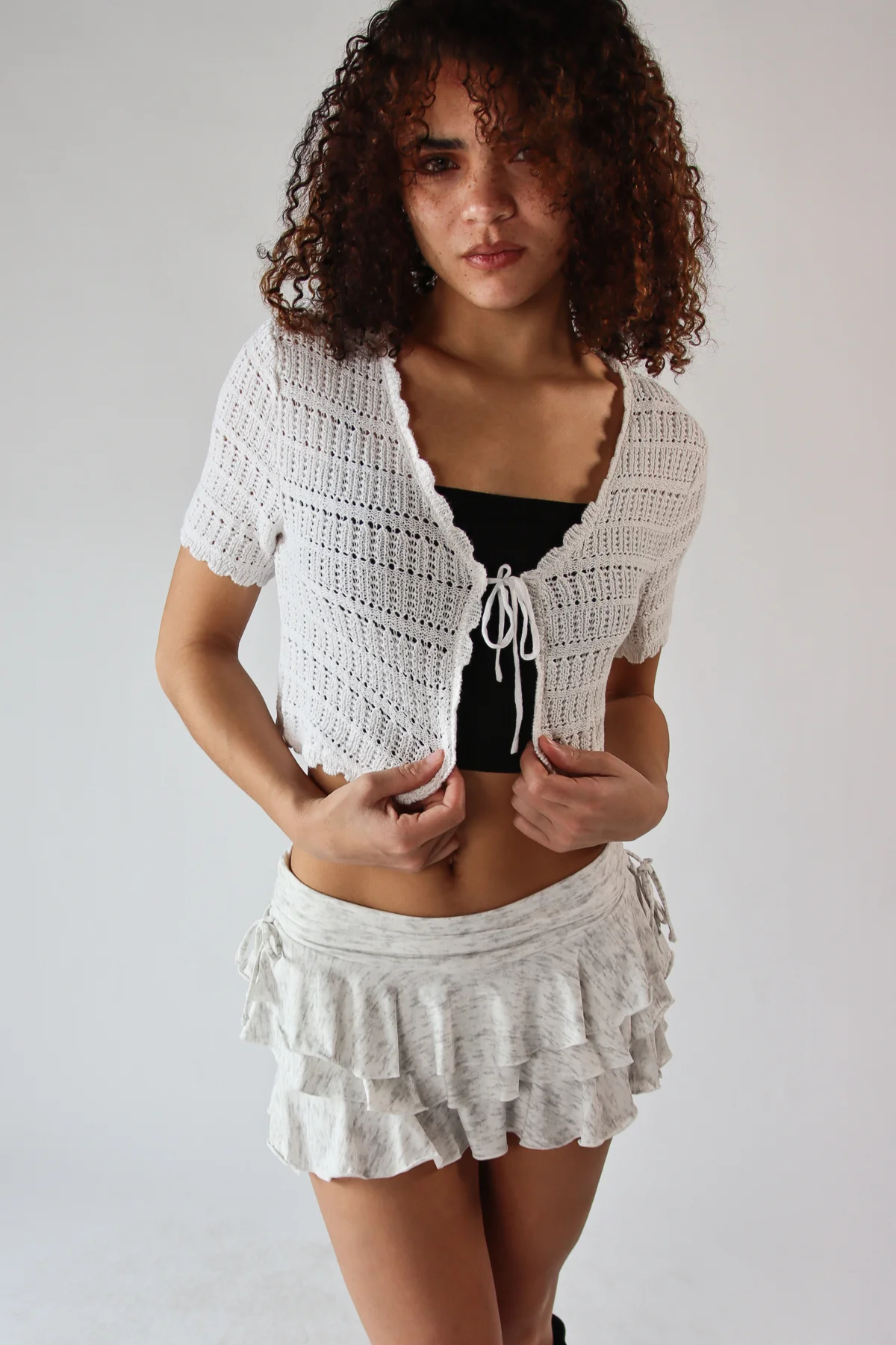 Tie Front Pointelle Crochet Top - Image 2