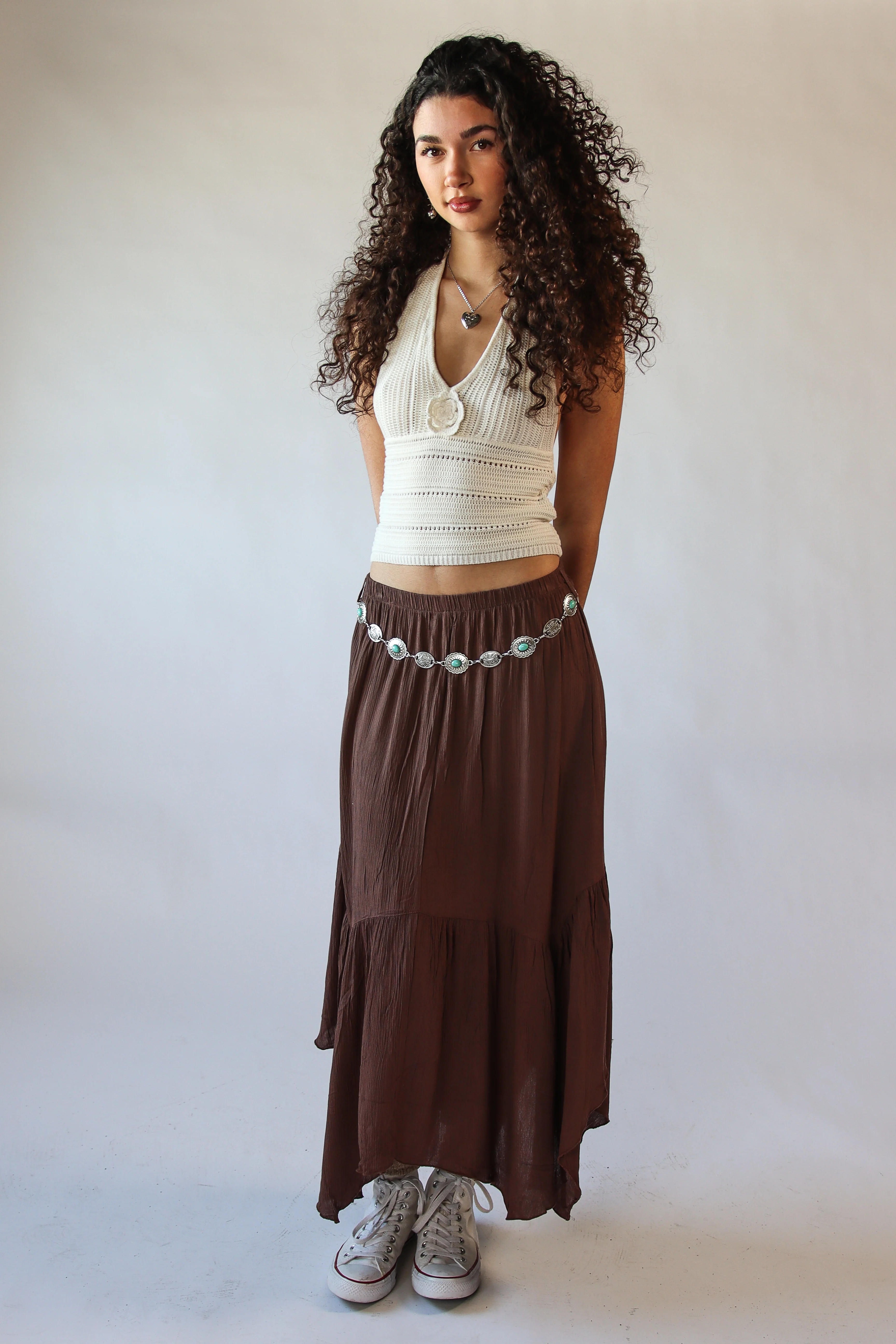 Turquoise Belt Hanky Hem Maxi Skirt