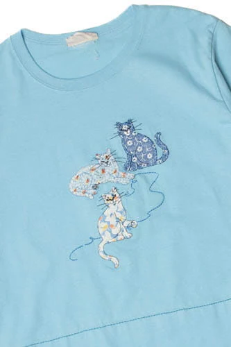 Upcycled Fabric Applique Embroidered Cats T-Shirt - Image 2