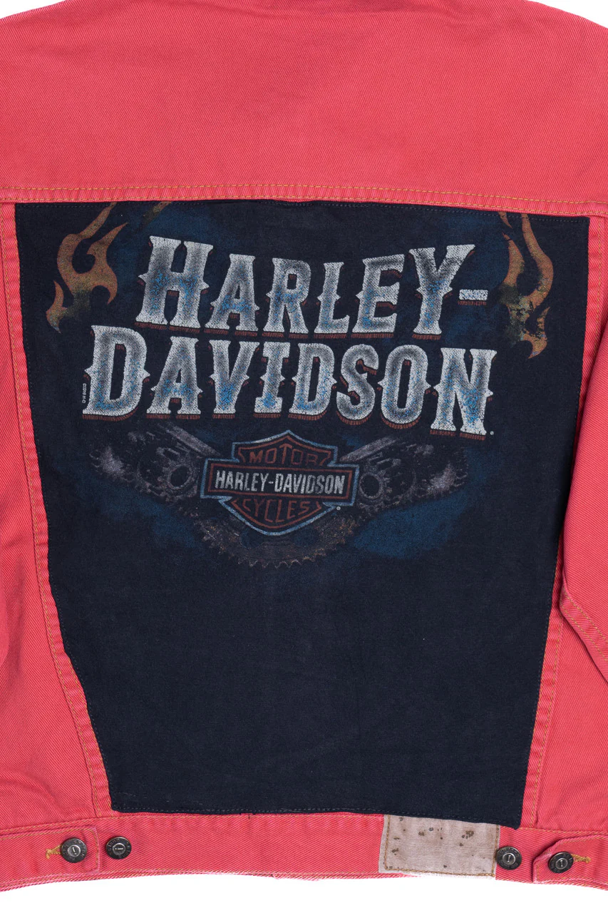 Upcycled Harley Davidson Back Patch Red Denim Jacket - Image 3