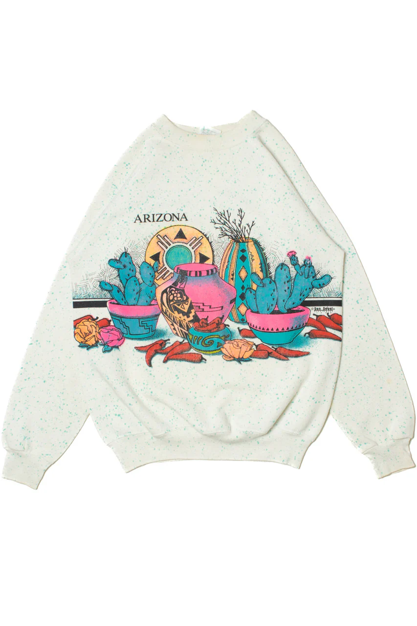 Vintage 1990 "Arizona" Wraparound Pottery Print Raglan Sweatshirt - Image 3