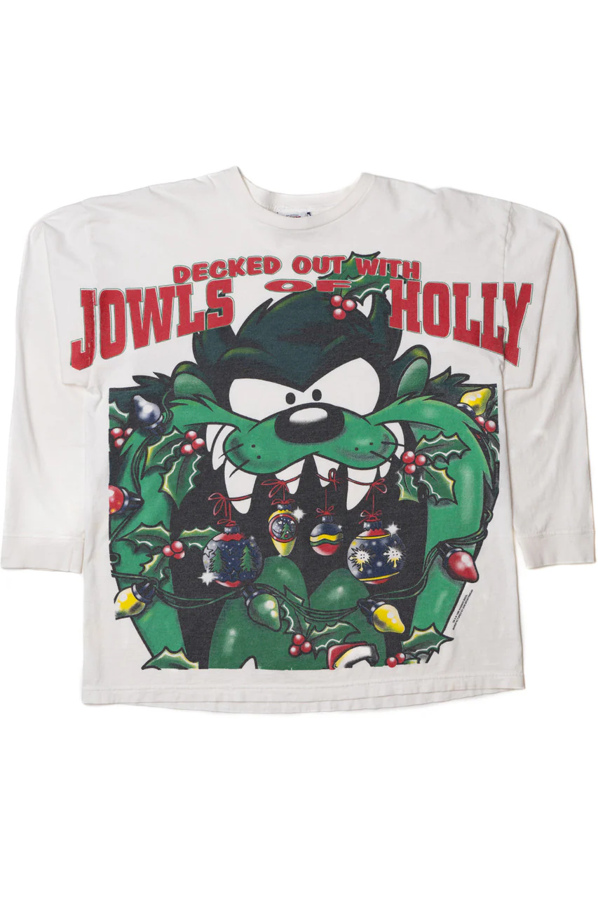Vintage 1996 Taz "Jowls Of Holly" Looney Tunes Long Sleeve T-Shirt - Image 4