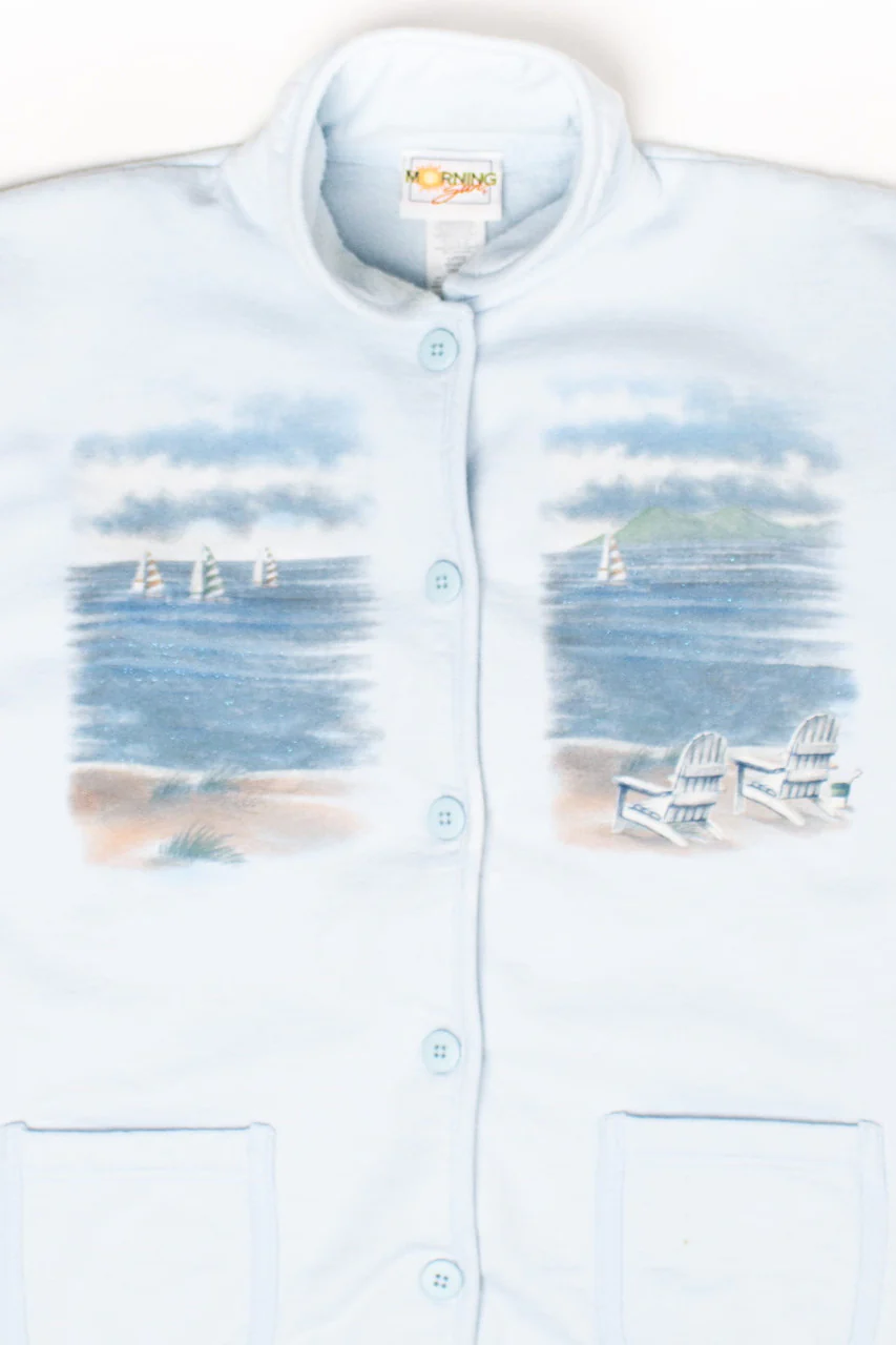 Vintage Beach Scene Button Up Sweatshirt (1990s)