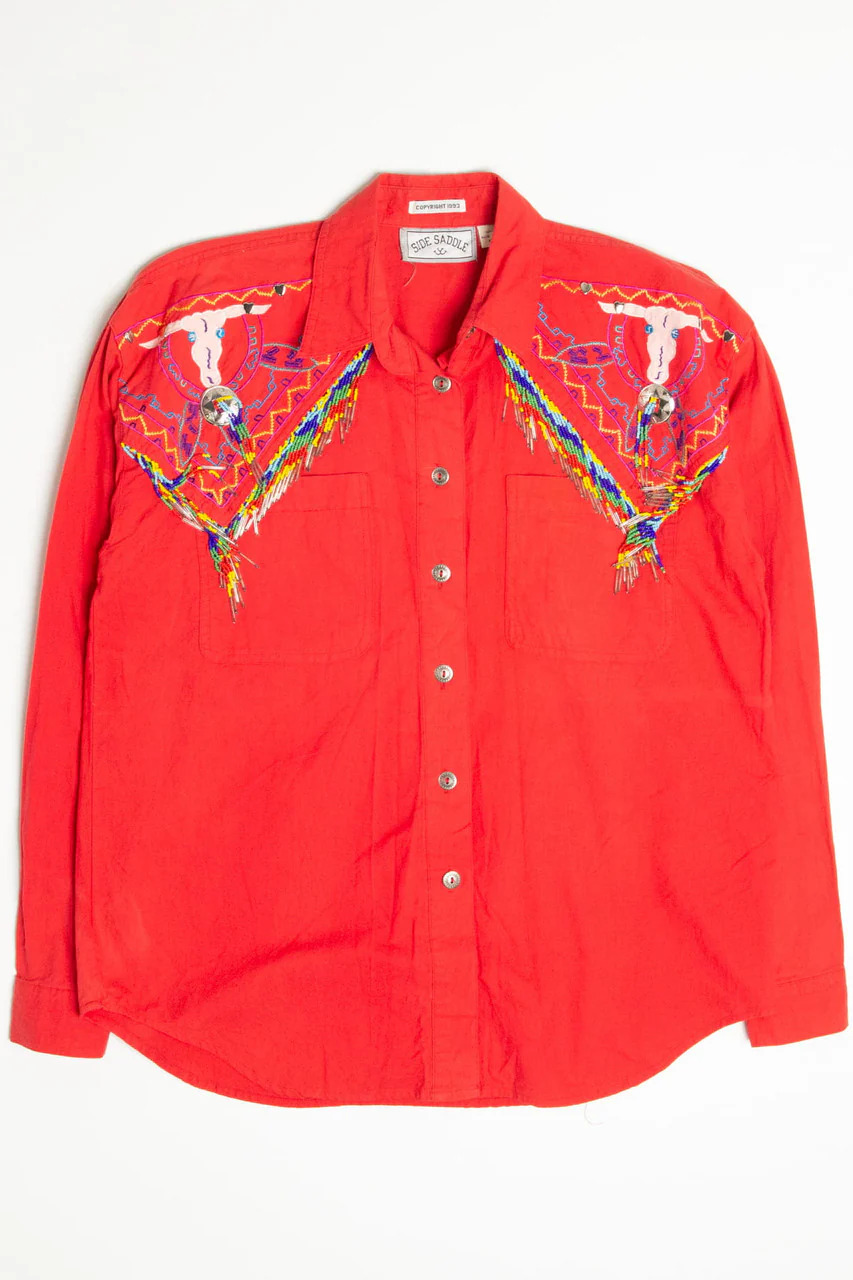 Vintage Beaded Longhorn Side Saddle Button Up Shirt - Image 2