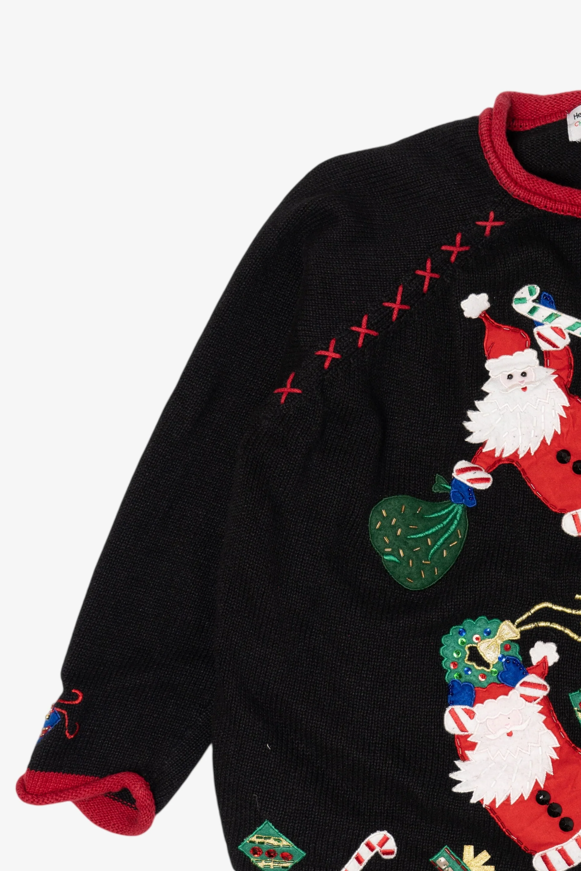 Vintage Black Heirloom Collectible Santa Ugly Christmas Cardigan (2000s) - Image 8