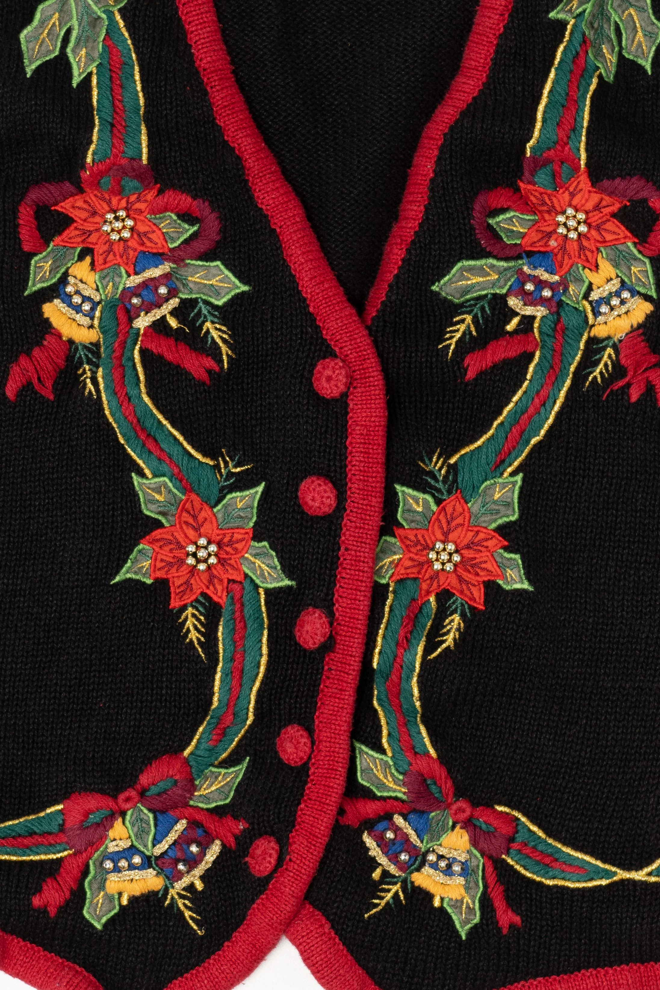 Vintage Black Kathie Lee Poinsettias Ugly Christmas Vest (1990s) - Image 3