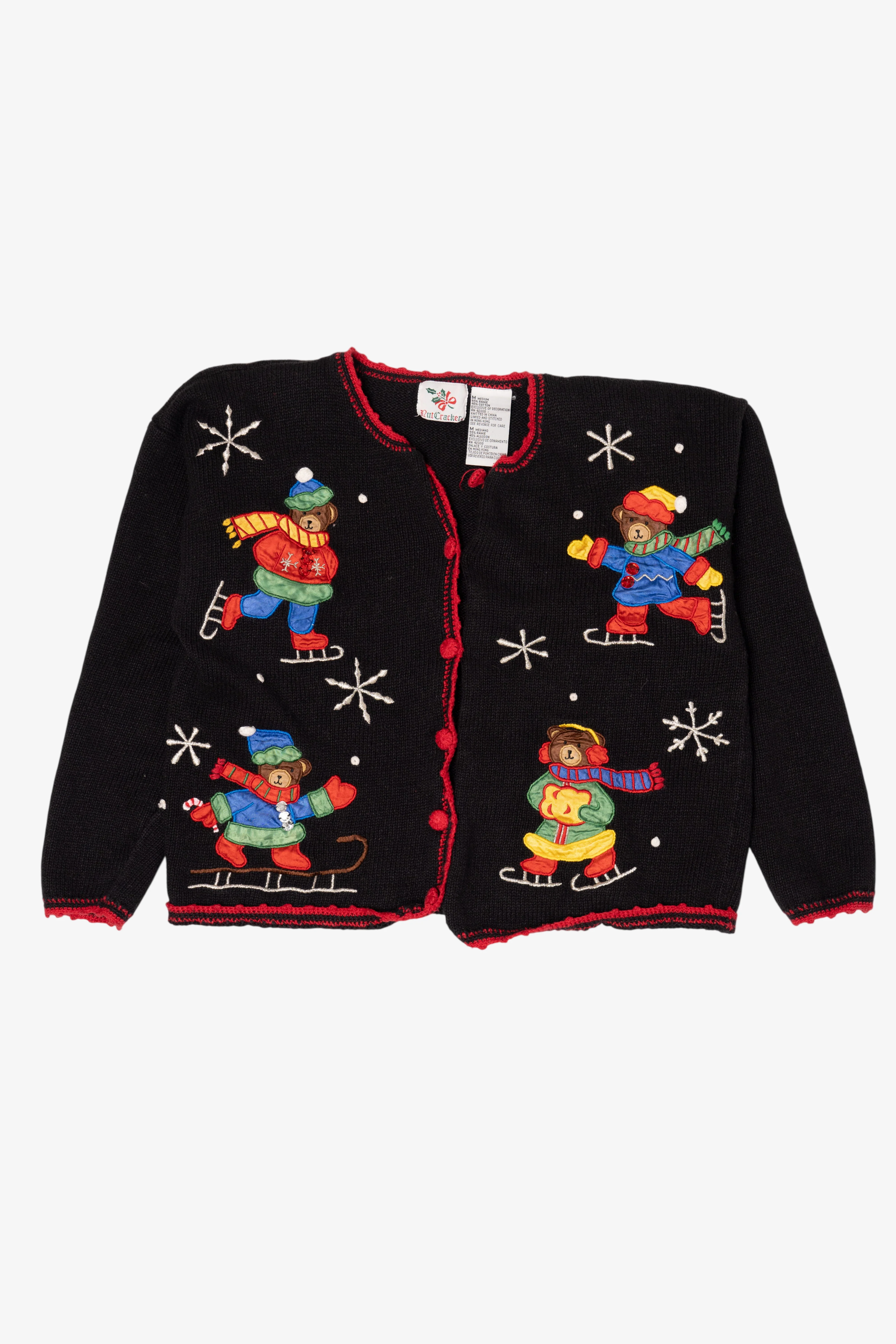 Vintage Black Nutcracker Bears Skating Ugly Christmas Cardigan (1990s)