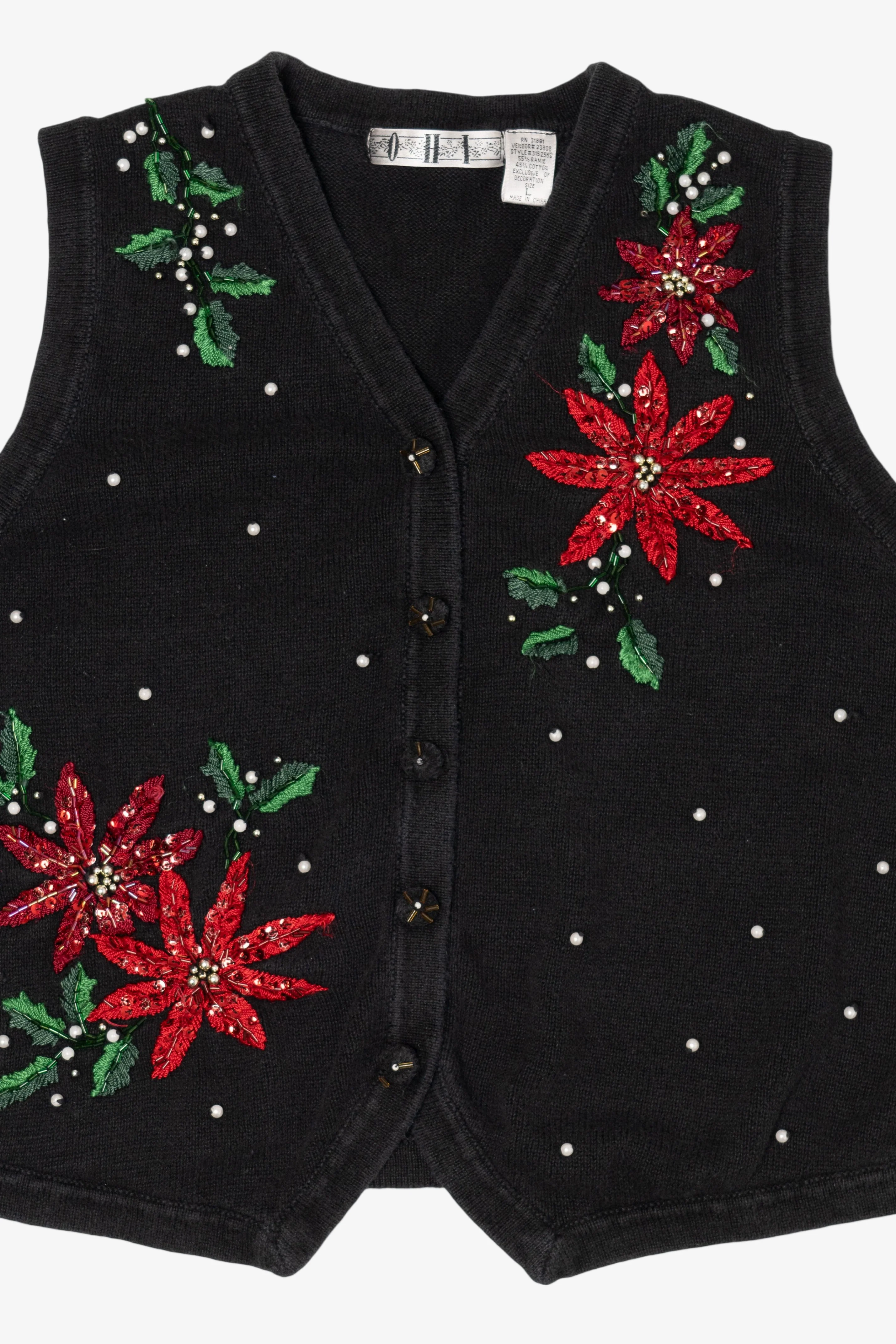 Vintage Black Ohi Poinsettias Ugly Christmas Vest (1990s) - Image 5