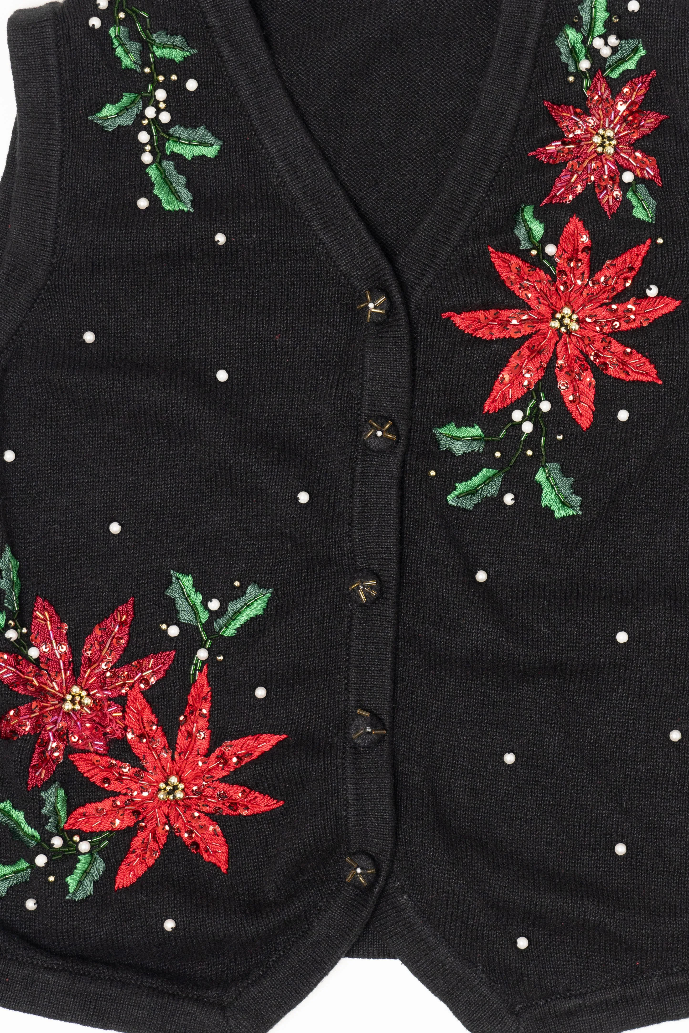 Vintage Black Ohi Poinsettias Ugly Christmas Vest (1990s) - Image 2