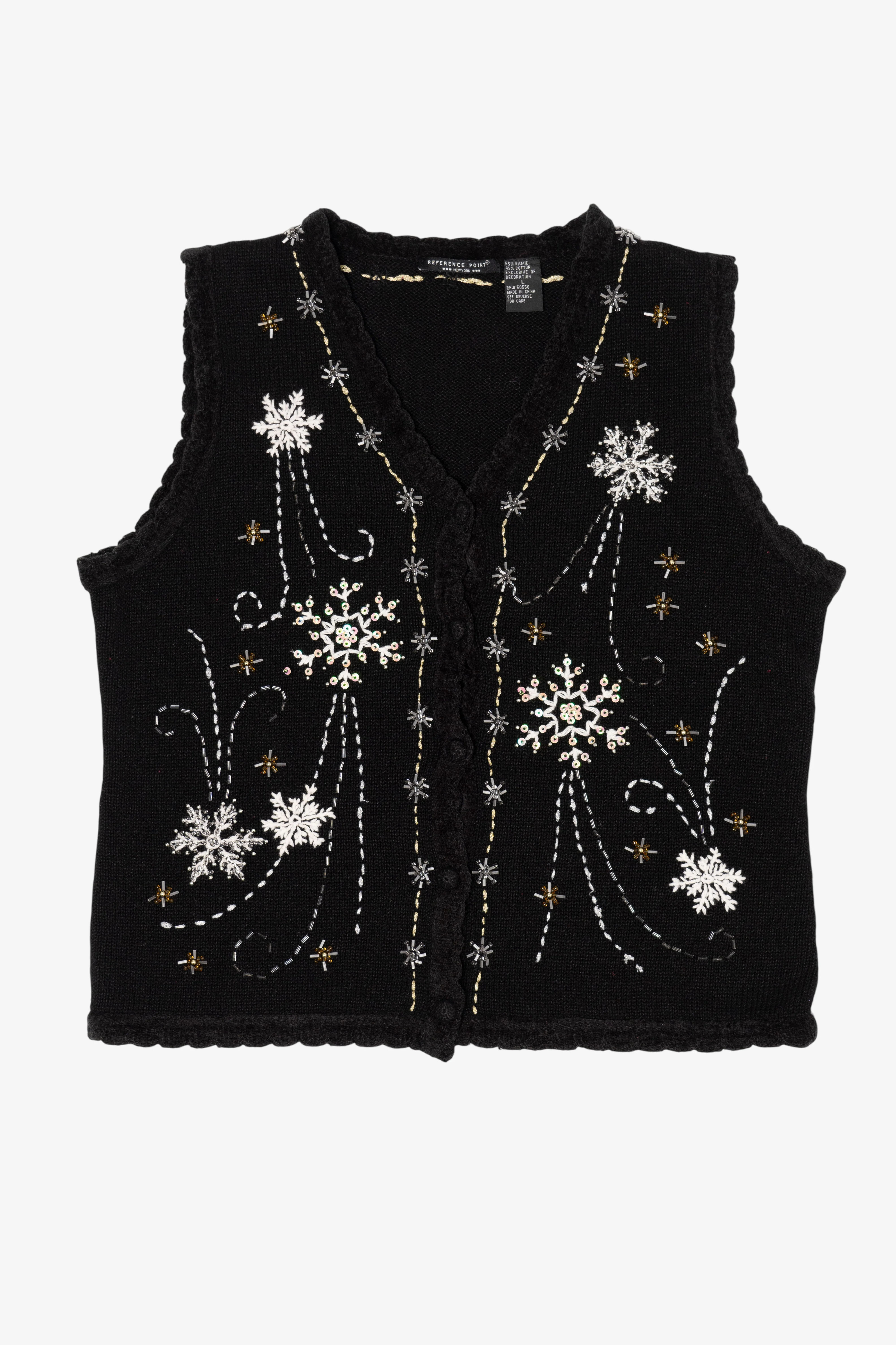 Vintage Black Reference Point Snowflakes Ugly Christmas Vest (1990s)