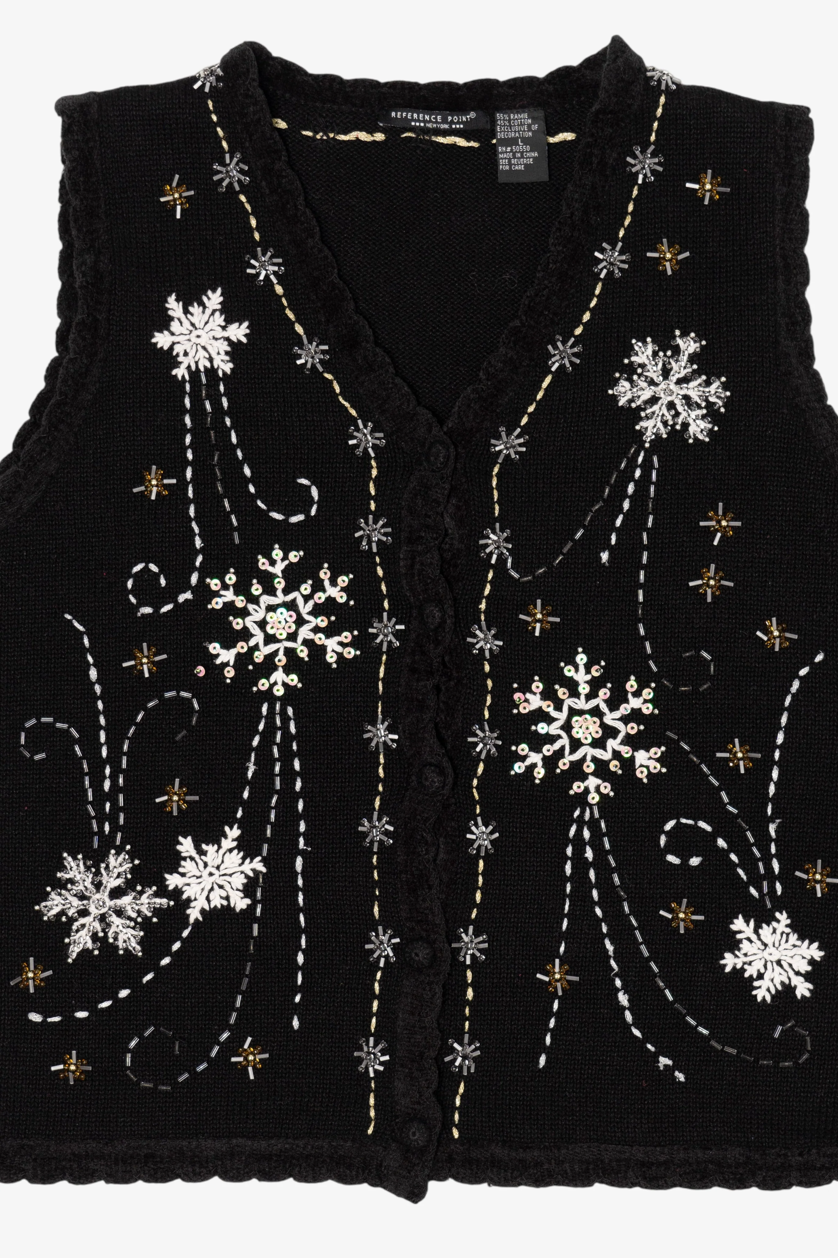 Vintage Black Reference Point Snowflakes Ugly Christmas Vest (1990s) - Image 5
