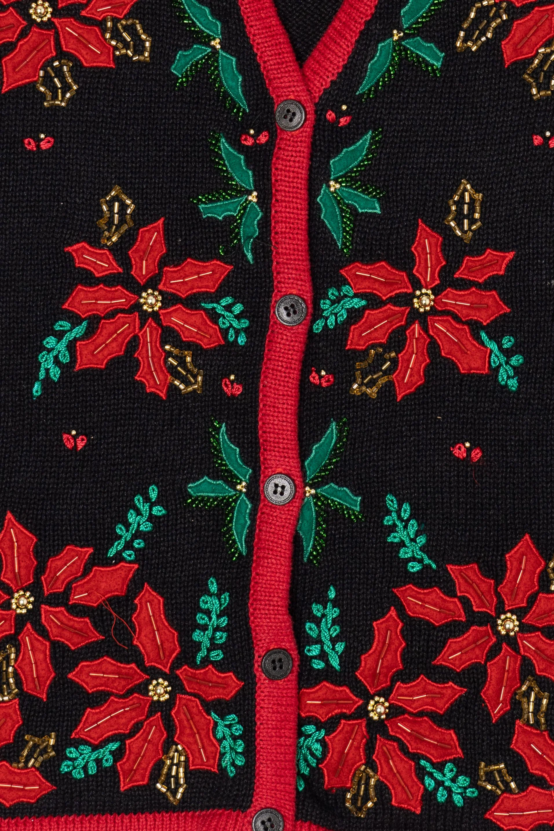Vintage Bobbie Brooks Embroidered Poinsettias Ugly Christmas Vest (1990s) - Image 3