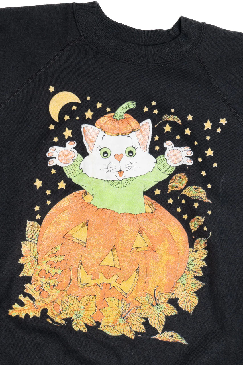 Vintage Cat In A Pumpkin Halloween Sweatshirt - Image 2