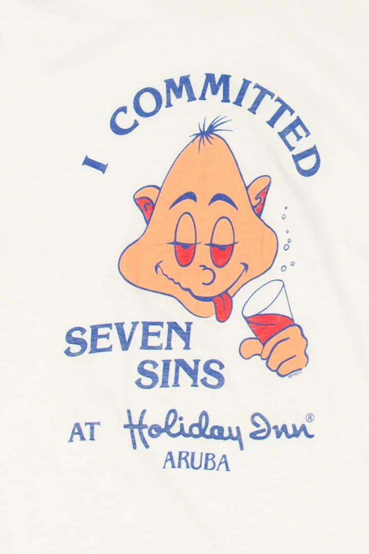 Vintage "Committed Seven Sins At Holiday Inn Aruba" T-Shirt (1980s) - Image 2